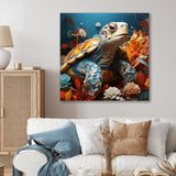 Turtle Journey Coral Geometric - Turtle Framed Canvas Art