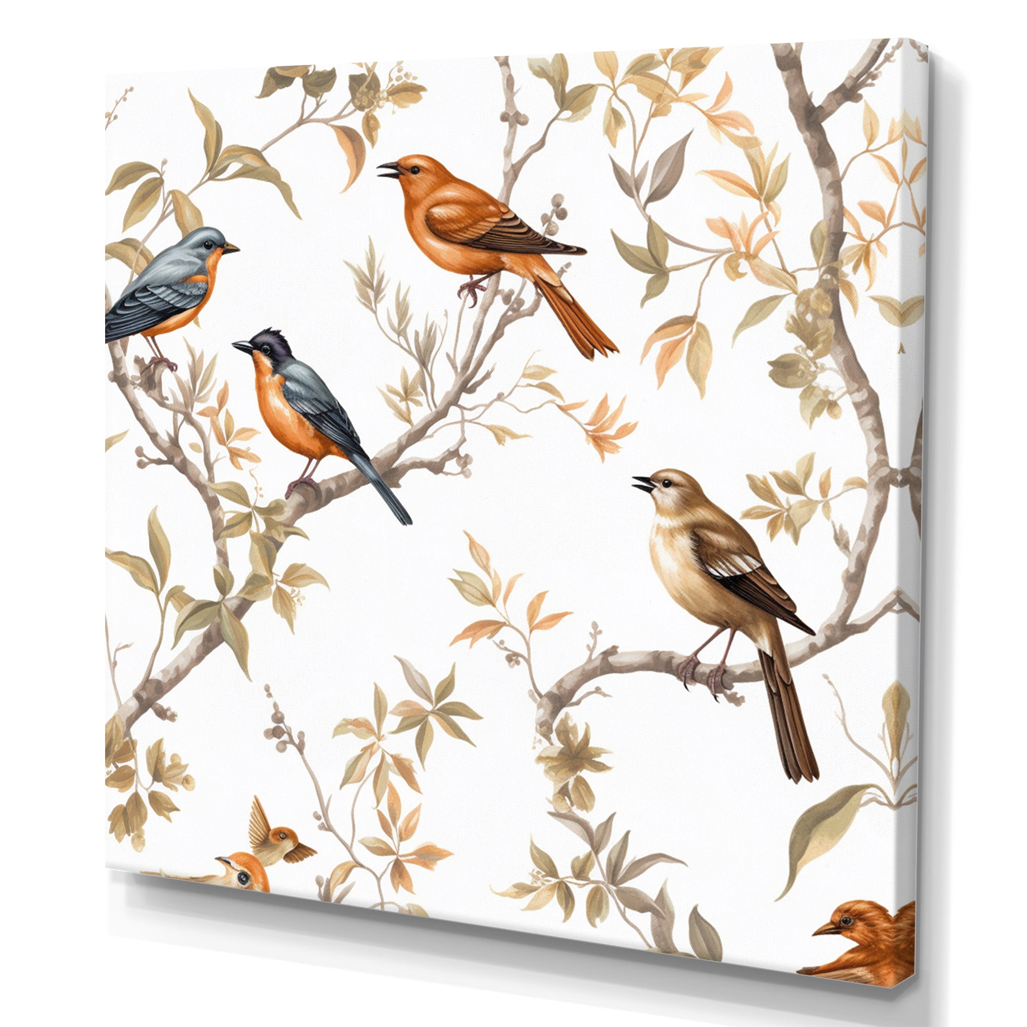 Orange Green Birds On Trees - Bird Framed Canvas Art