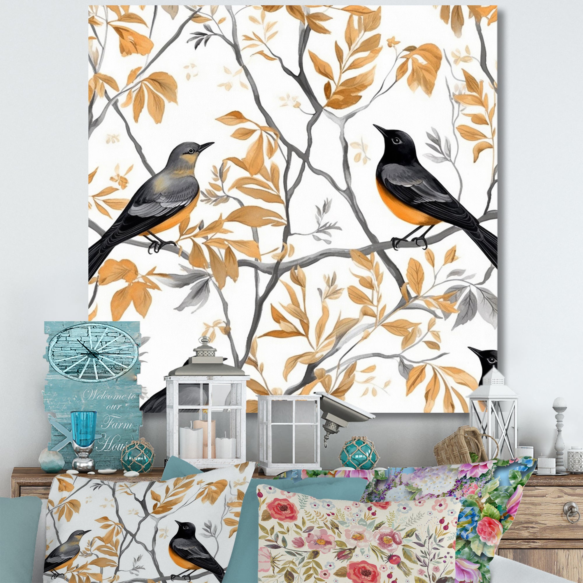 Brown Black Birds On Trees - Bird Large Canvas Wall Art