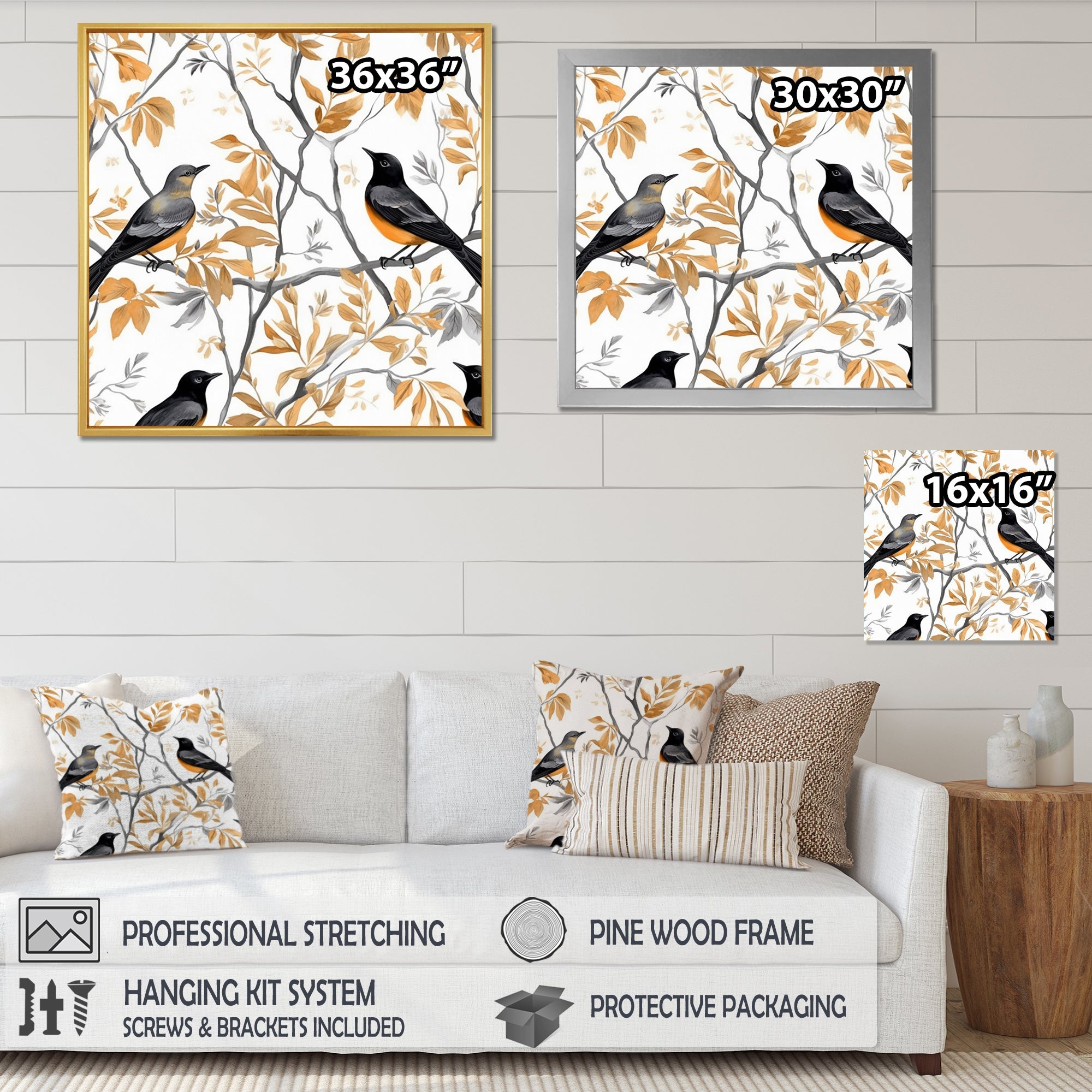 Brown Black Birds On Trees - Bird Large Canvas Wall Art