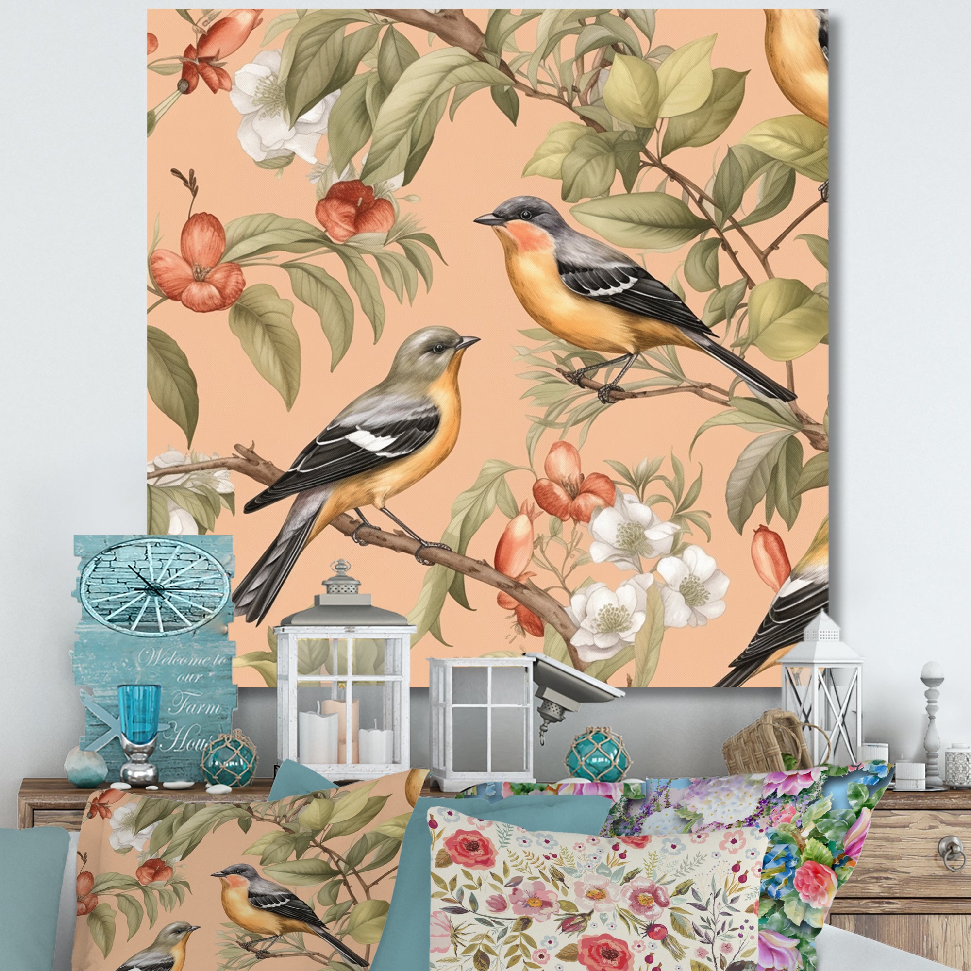 Green Yellow Birds On Trees - Bird Bedroom Wall Art