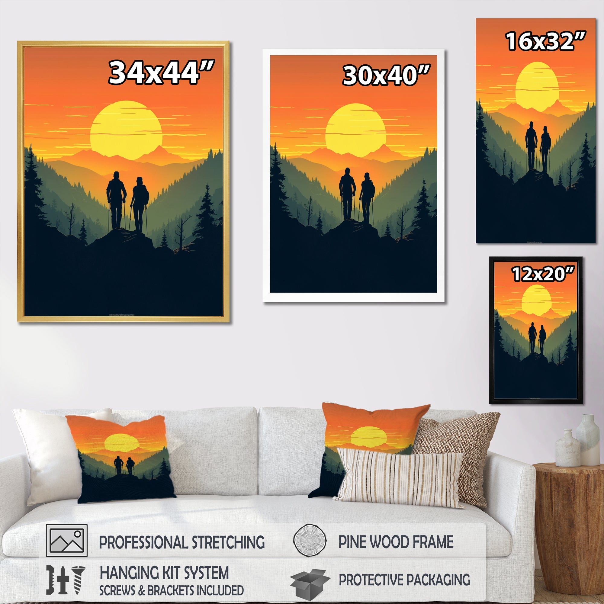 Orange Yellow Bold Hiking Sunset - Hiking Canvas Wall Art