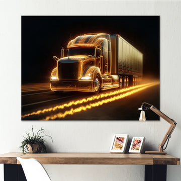 Yellow Neon Semi Truck - Neon Car Canvas Wall Art