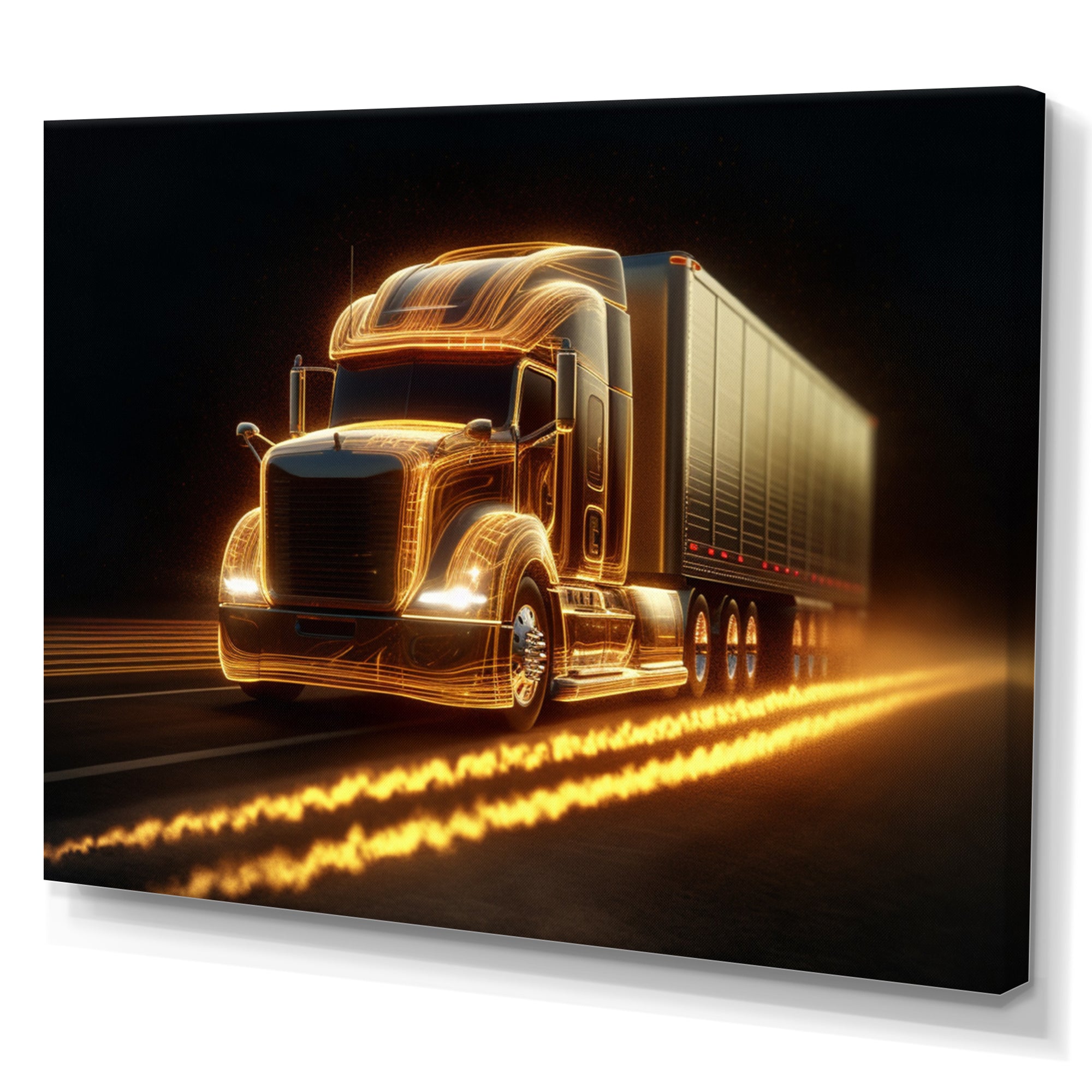 Yellow Neon Semi Truck - Neon Car Canvas Wall Art