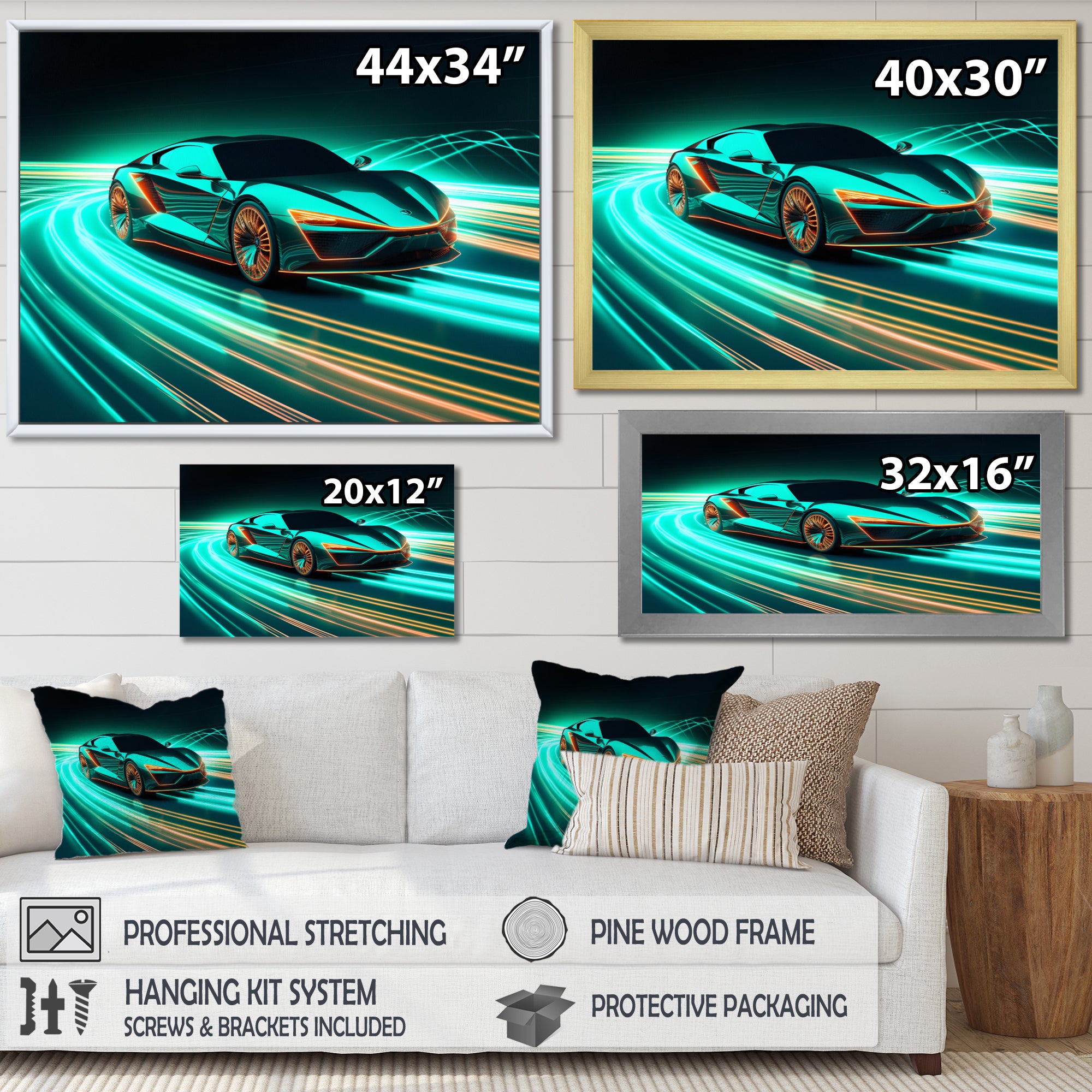 Teal Neon Exotic Car I - Neon Car Canvas Wall Art