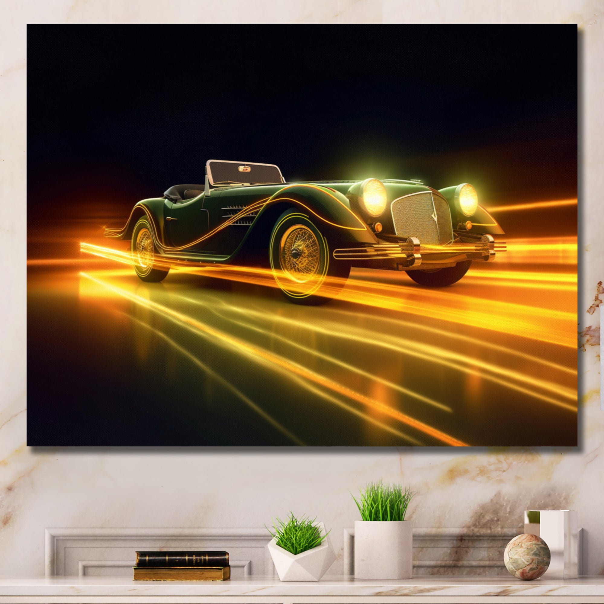 Yellow Neon Classic Car - Neon Car Canvas Wall Art