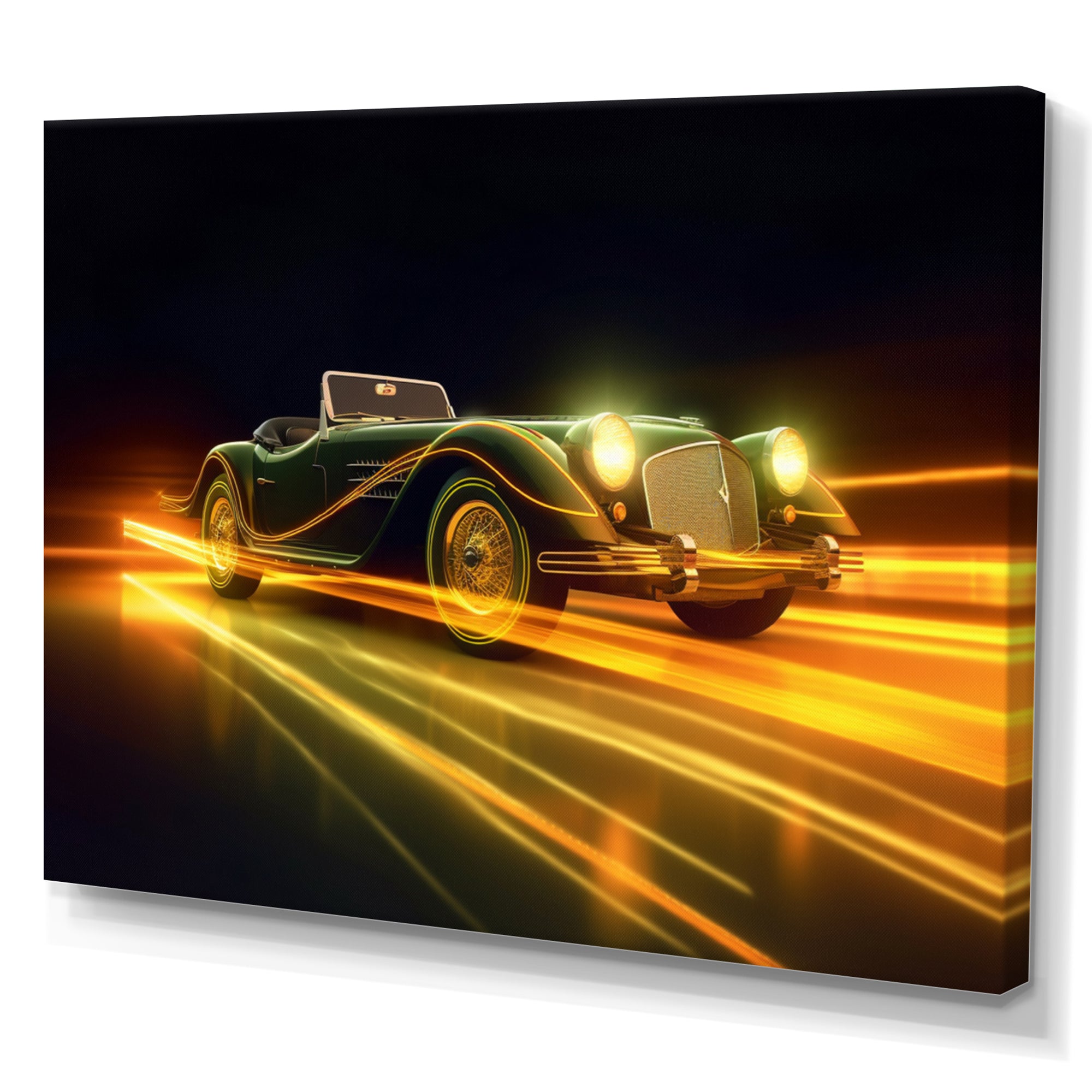 Yellow Neon Classic Car - Neon Car Canvas Wall Art