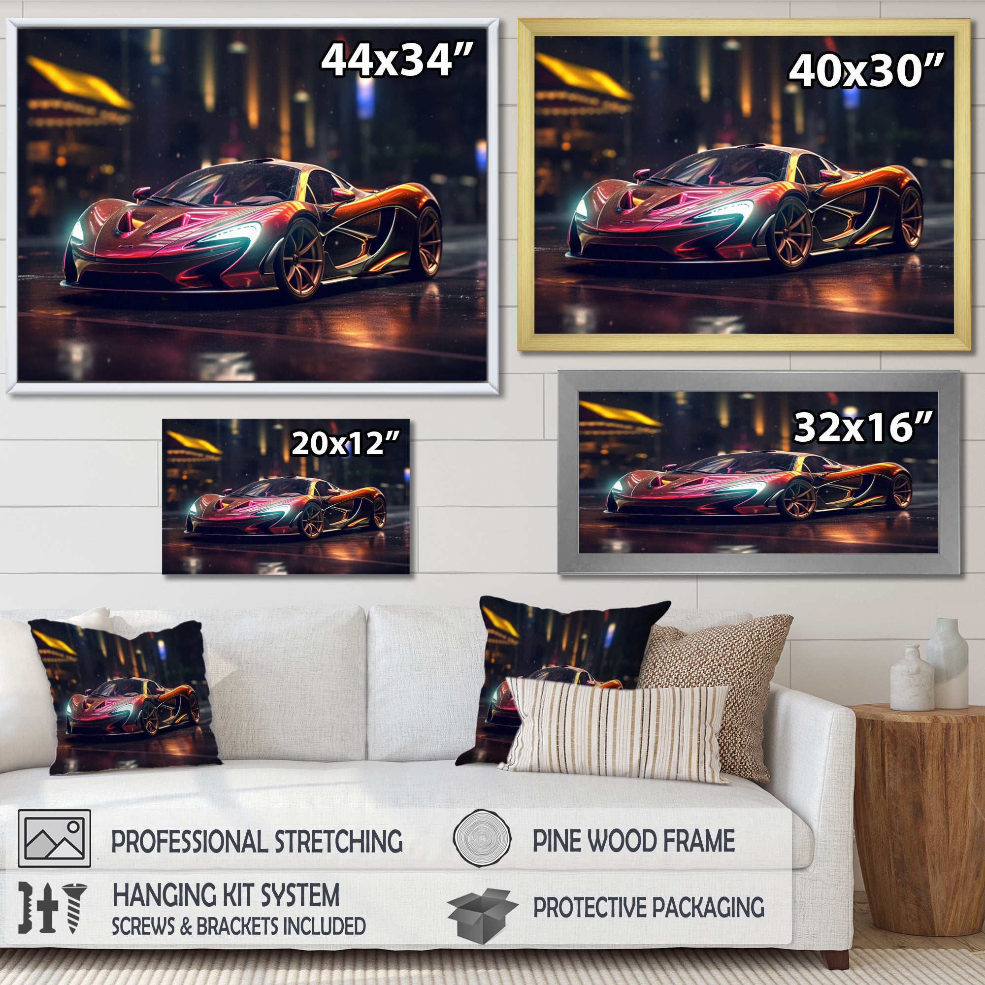 Exotic Car In The Neon Streets I - Neon Car Canvas Wall Art