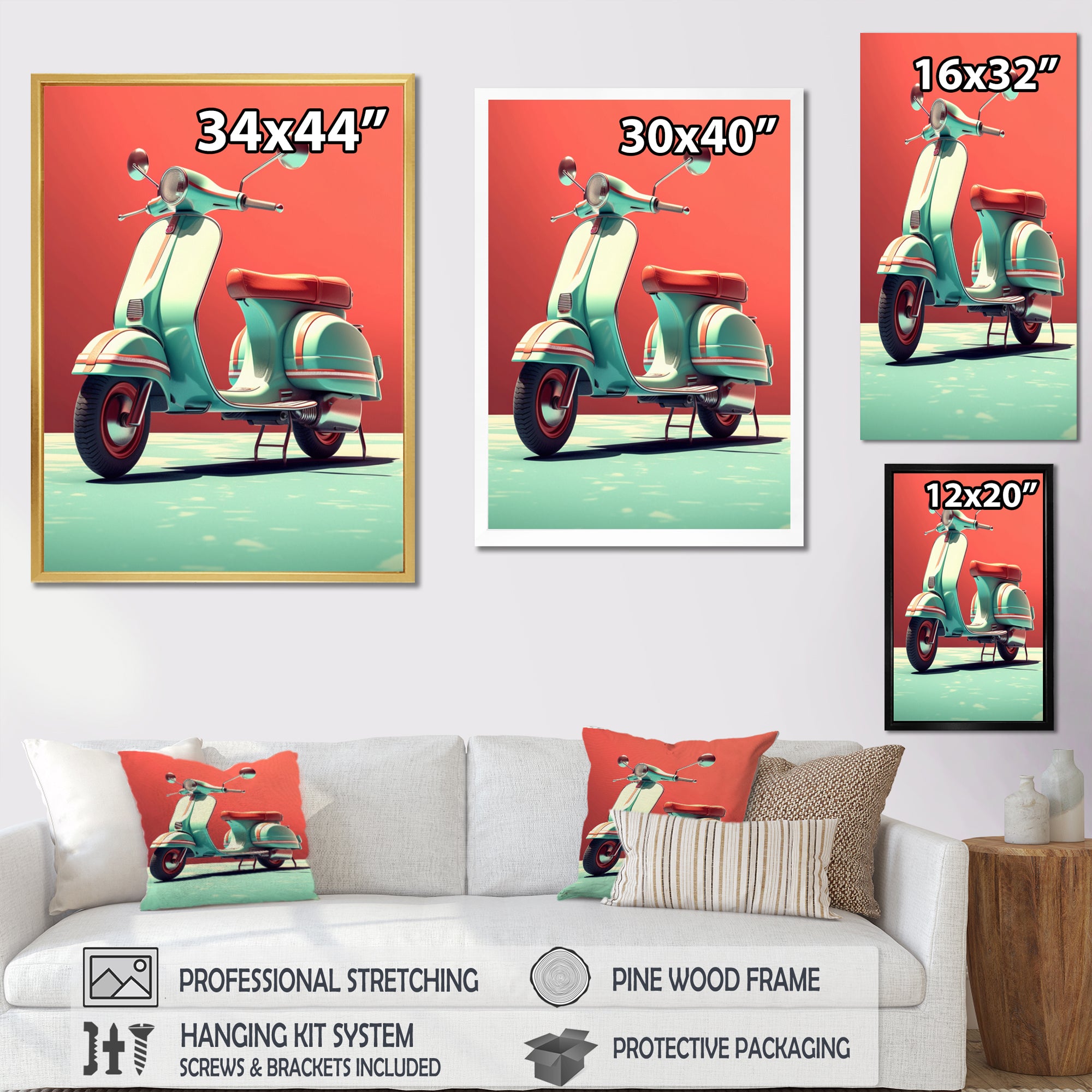 Coral Teal Scooter Display I - Scooter Canvas Wall Art