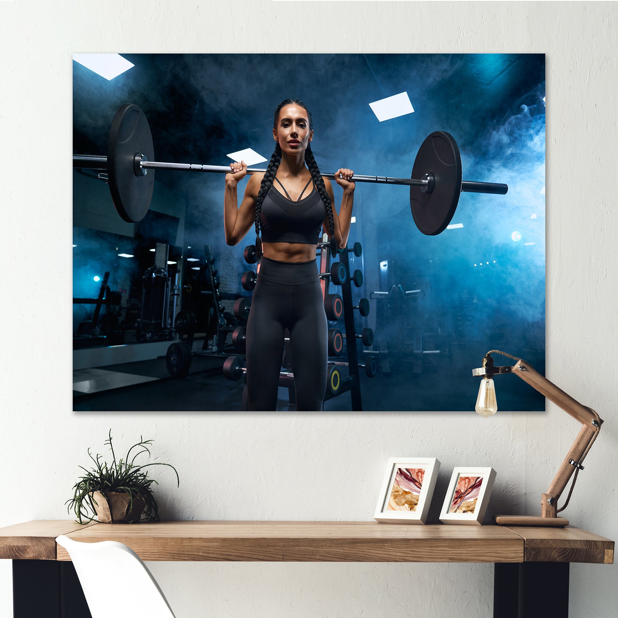 Woman Holding Barbell On Shoulders - Aerobic & Bodybuilding Canvas Wall Art