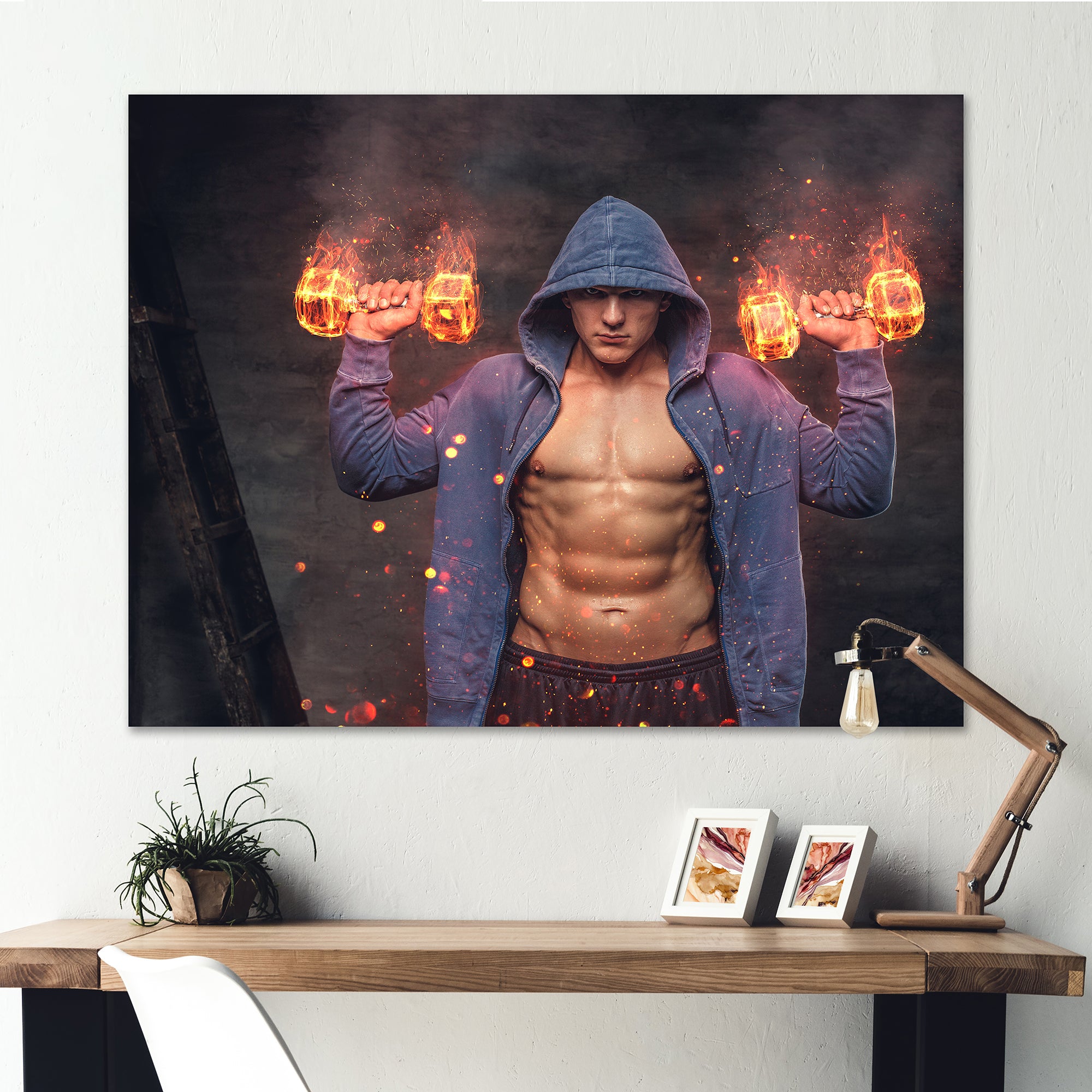 Builder Holds Burning Dumbbells - Aerobic & Bodybuilding Canvas Wall Art