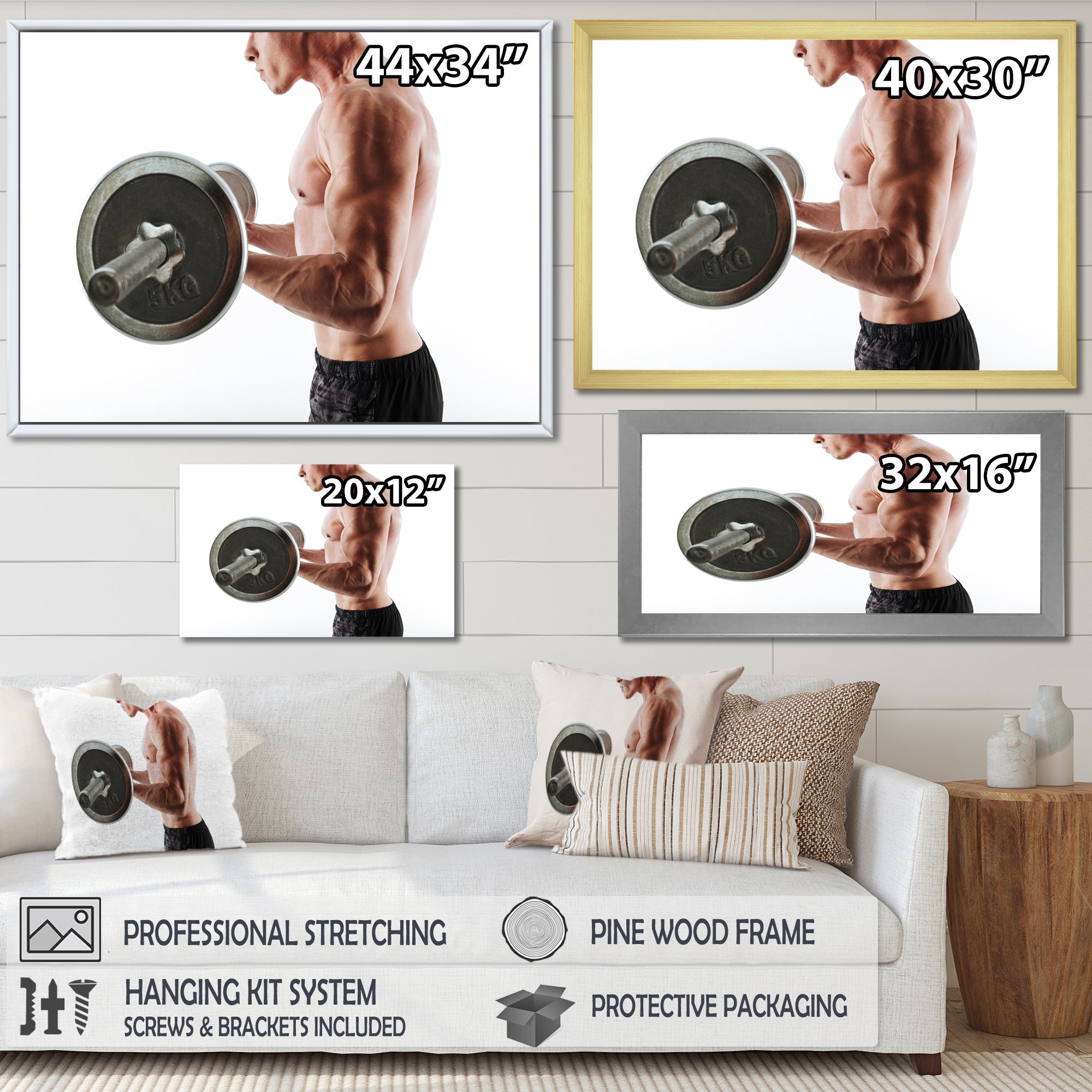 Sports Man Workout With Barbell - Aerobic & Bodybuilding Canvas Wall Art