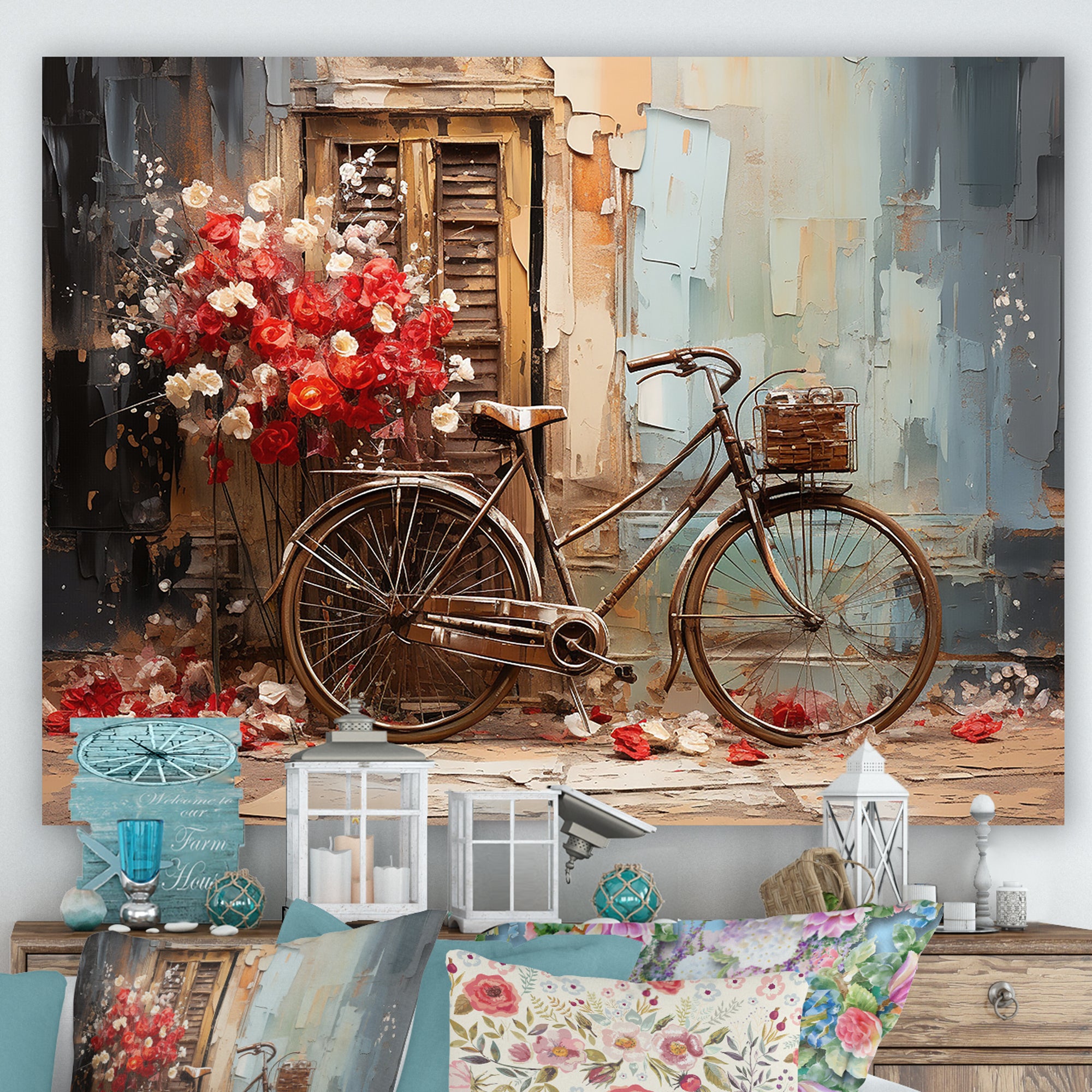 Crimson Ride Red Flowers - Bicycle Canvas Wall Art