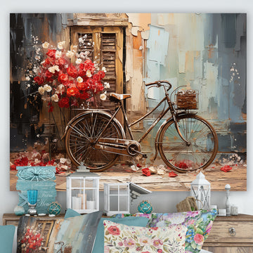 Crimson Ride Red Flowers - Bicycle Canvas Wall Art