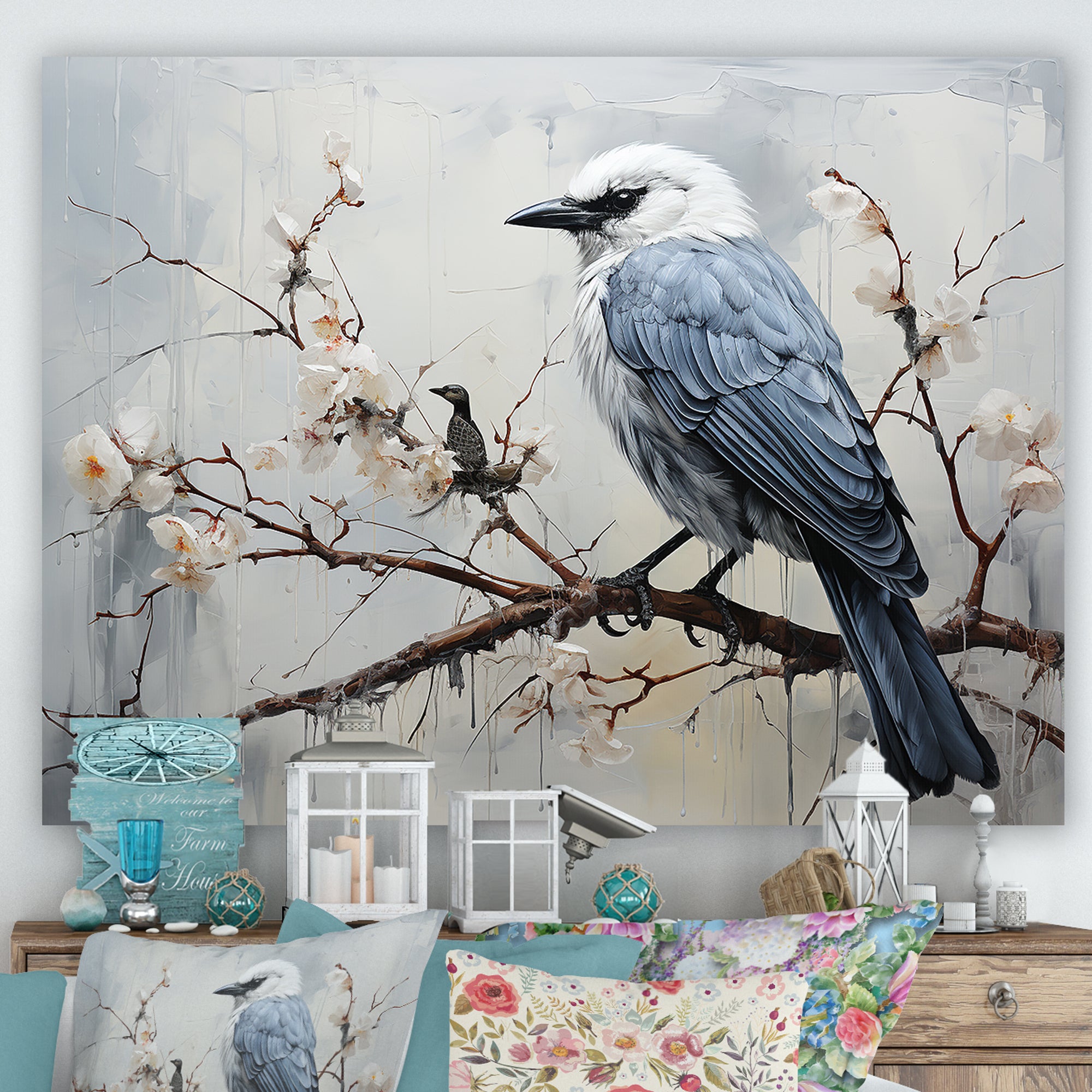 Misty Blue Ray Bird On Branch - Bird Wall Art Prints
