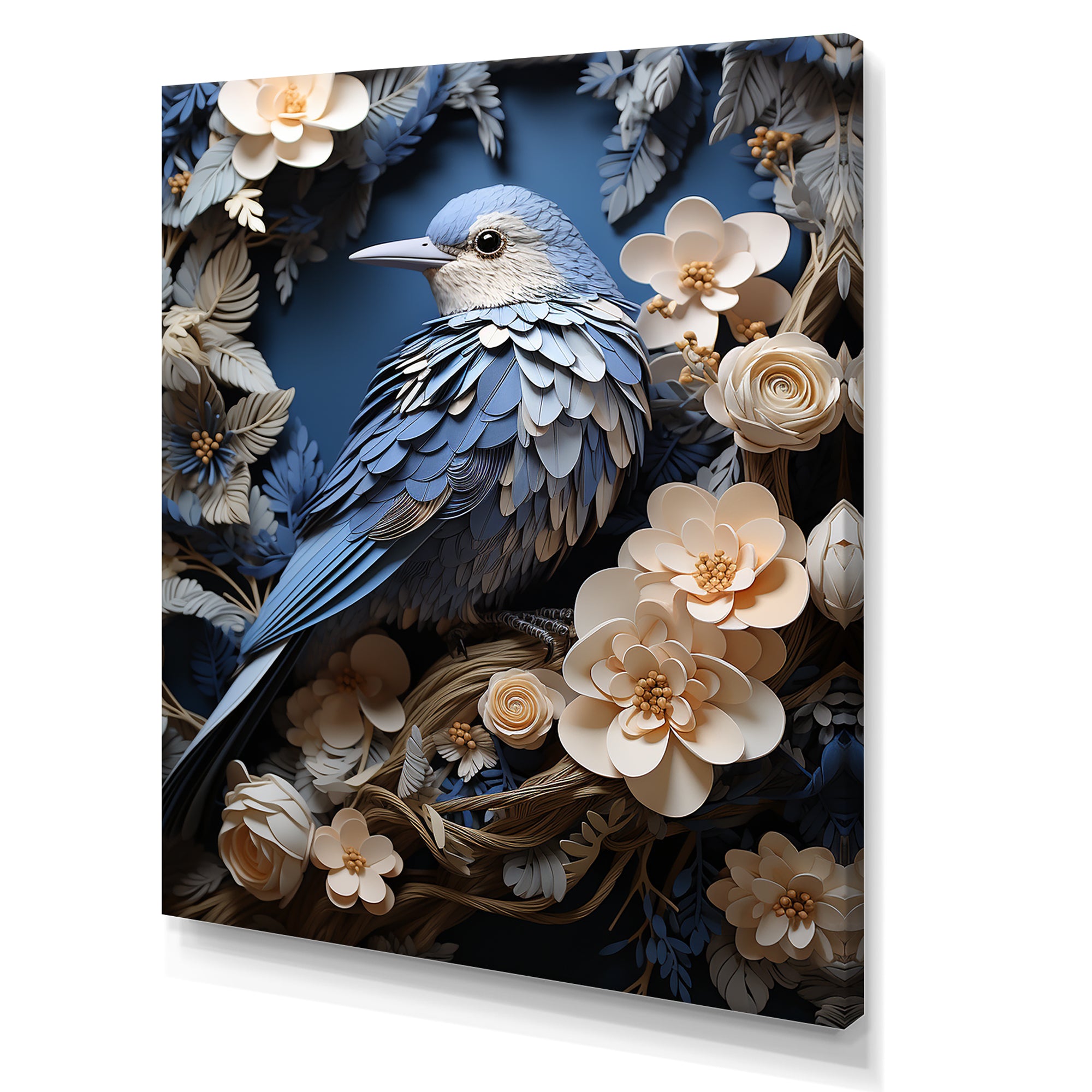 Surreal Nest Bird On Flowers - Blue Bird Wall Art