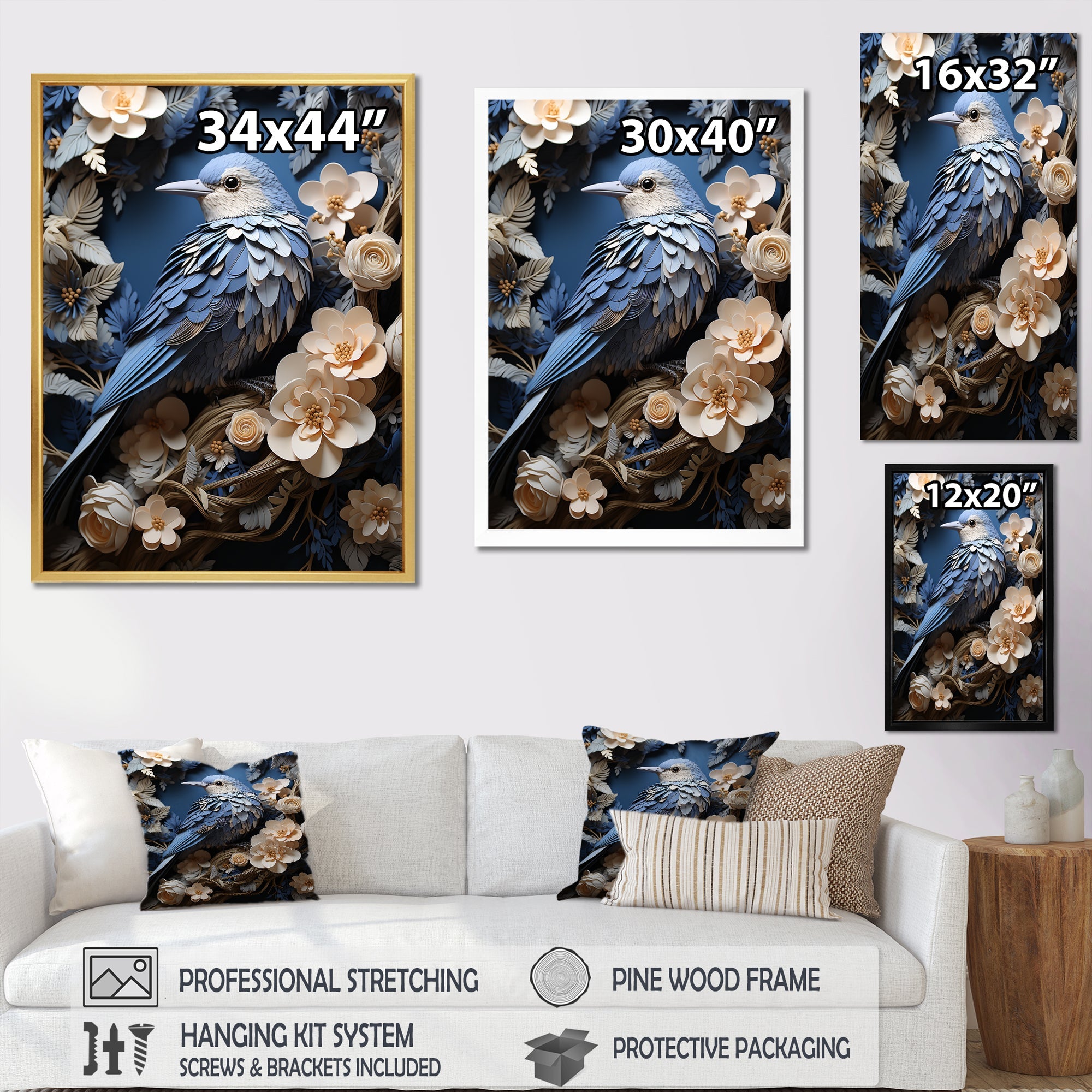 Surreal Nest Bird On Flowers - Blue Bird Wall Art