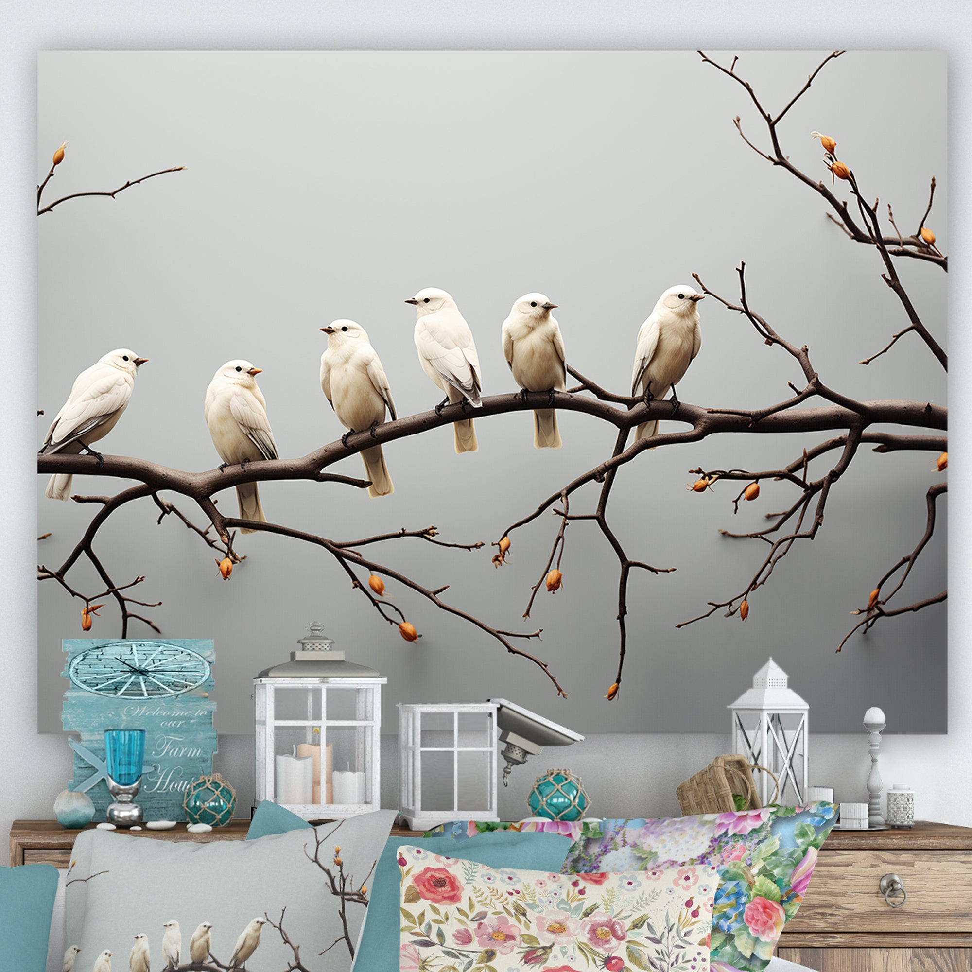 Contemporary Flock Of Birds On Branch - Bird Home Decor Art