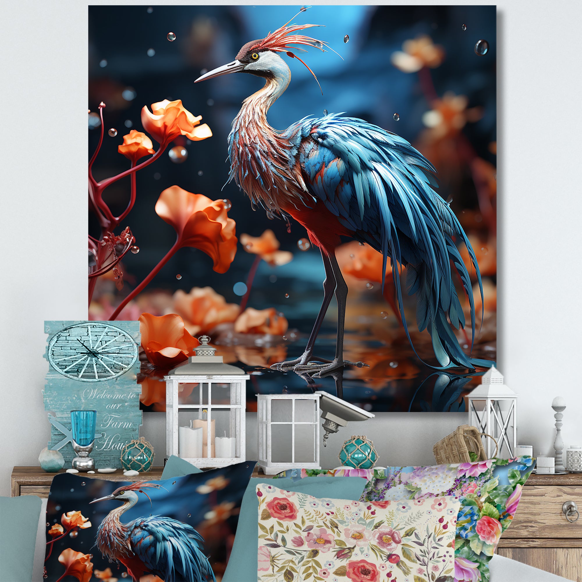 Watery Blues Heron - Bird Large Canvas Wall Art