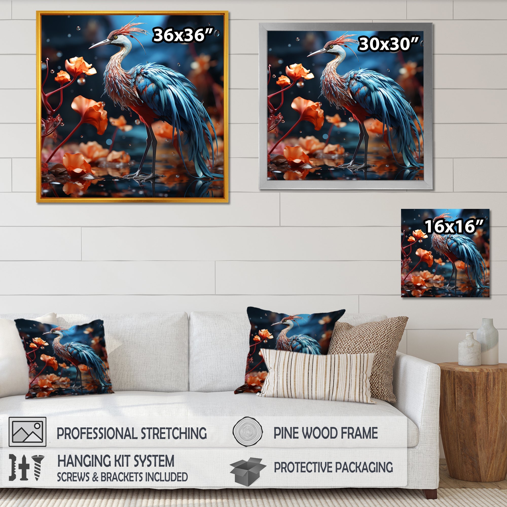 Watery Blues Heron - Bird Large Canvas Wall Art