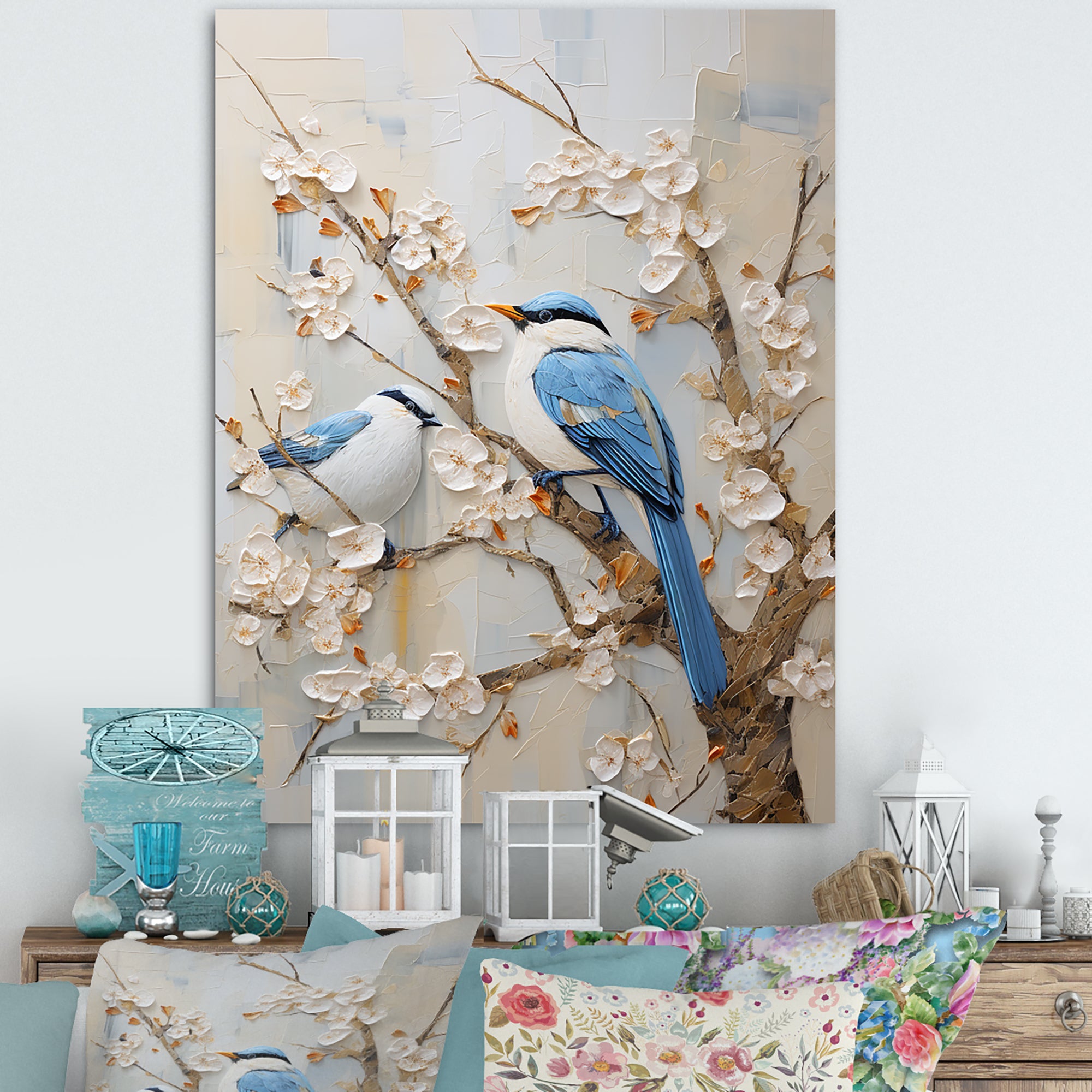 Minimalism Birds Paradise Cherry Blossoms - Bird Floral Canvas Wall Art