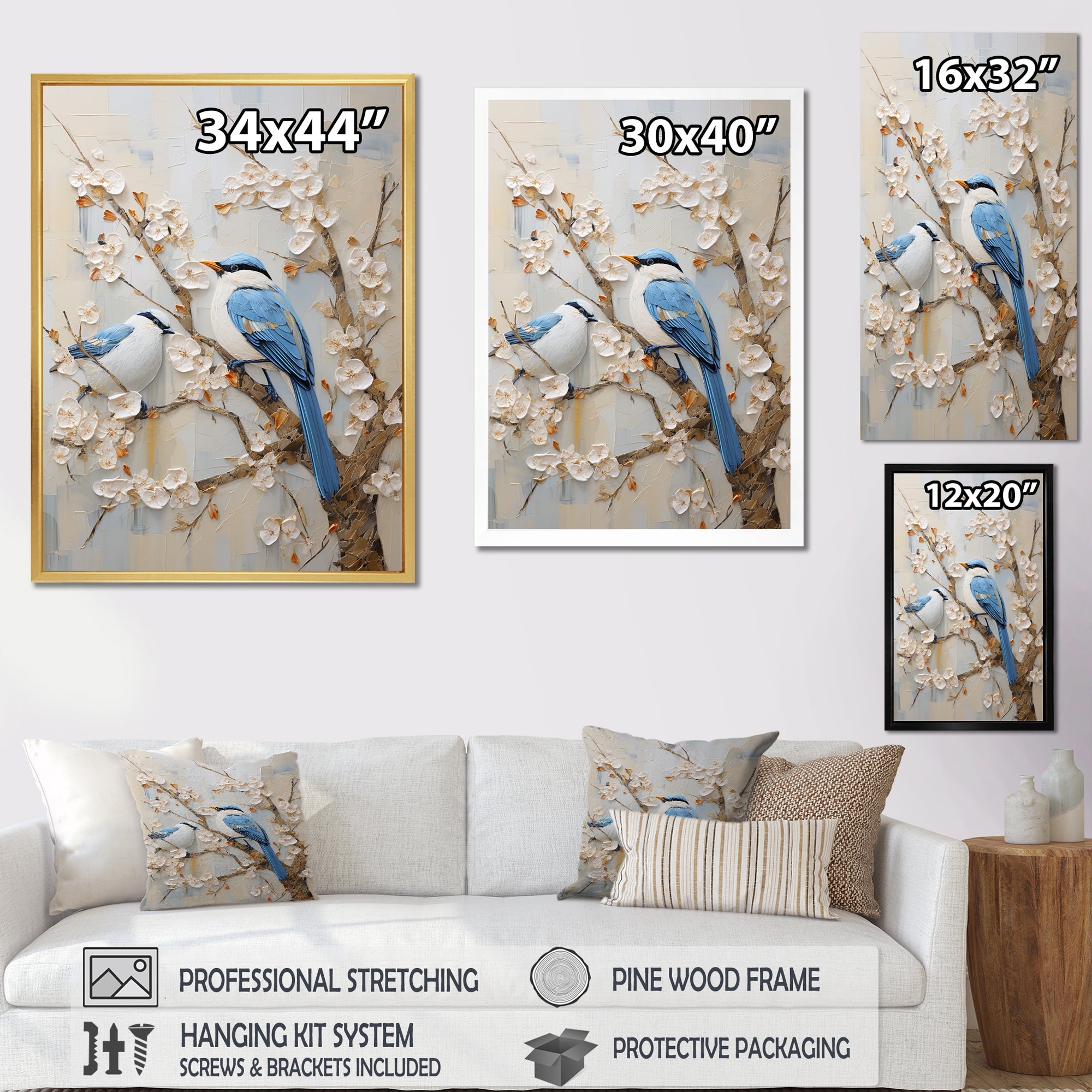 Minimalism Birds Paradise Cherry Blossoms - Bird Floral Canvas Wall Art