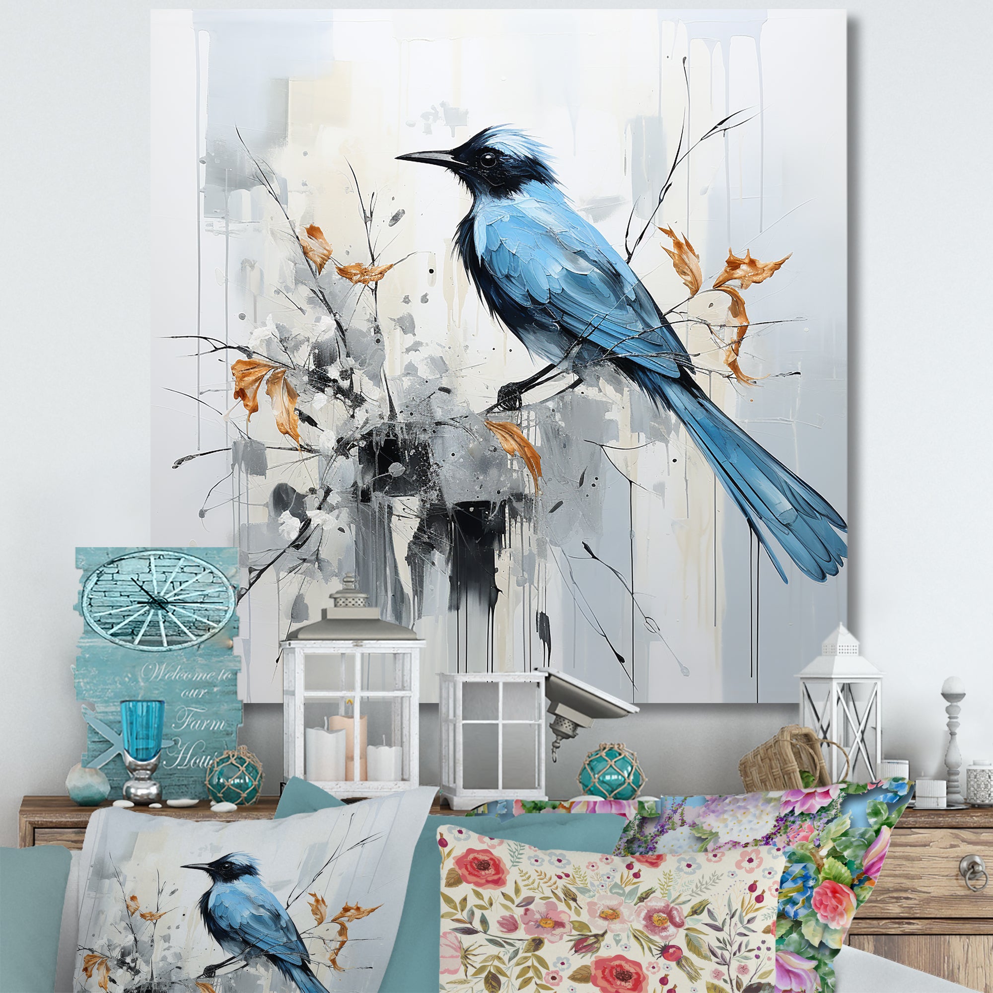 Blue Bird Minimalism Flowers - Bird Floral Wall Art Prints