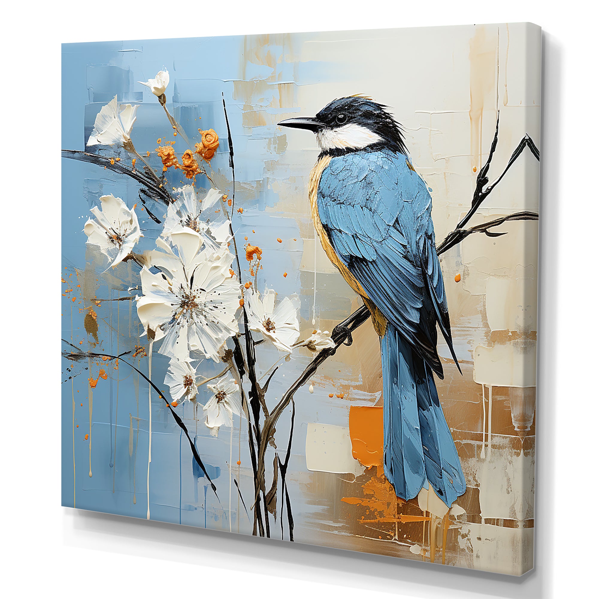 Blue Bird Minimalism White Flowers - Blue Bird Floral Wall Art