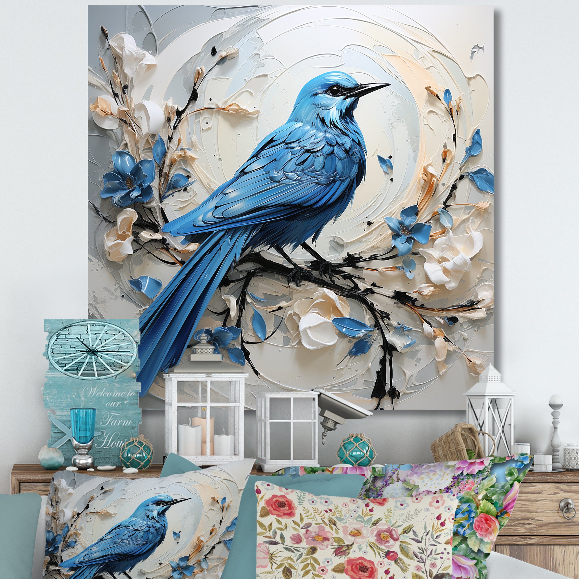 Blue Bird Minimalism White And Blue Flowers - Bird Floral Framed Canvas Art