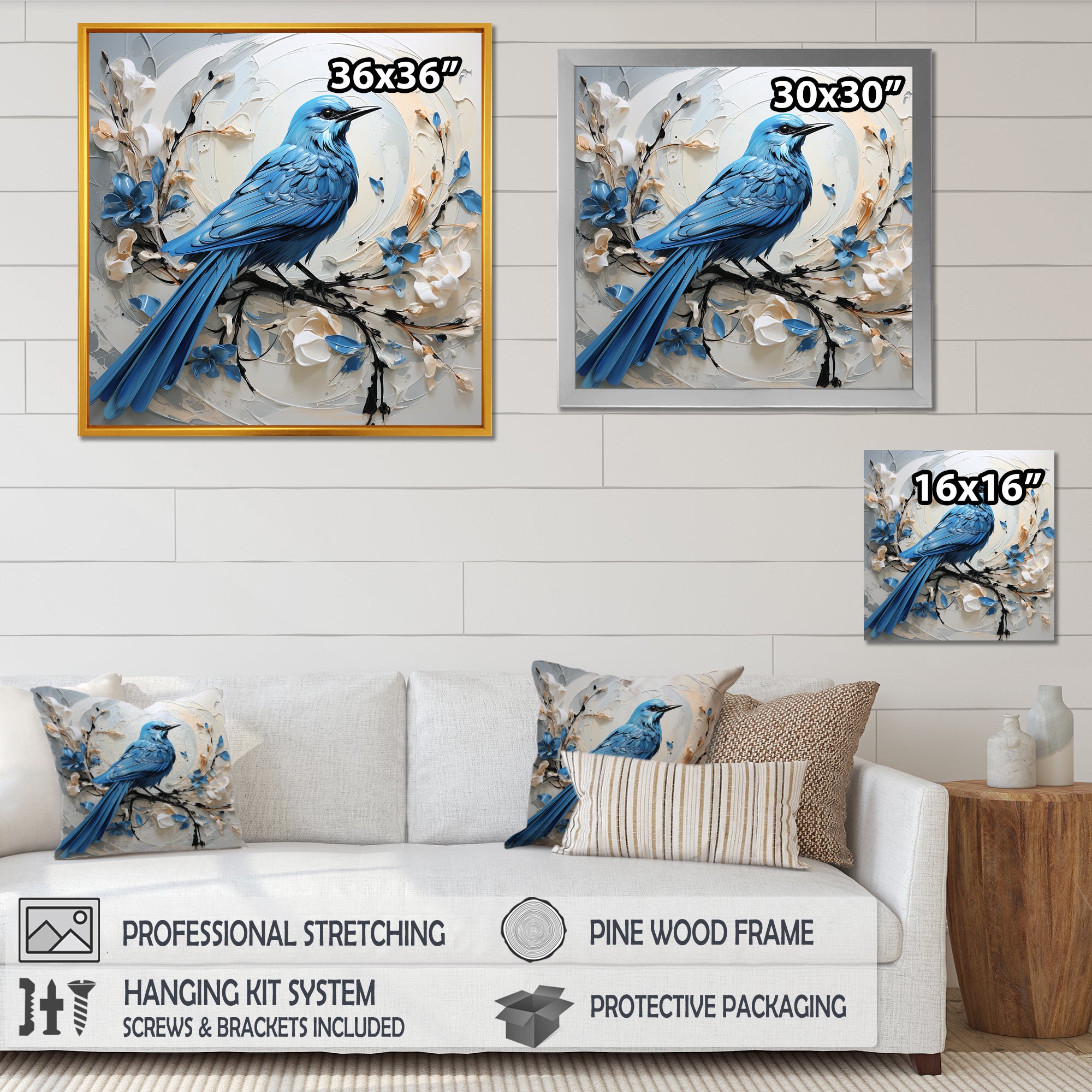 Blue Bird Minimalism White And Blue Flowers - Bird Floral Framed Canvas Art