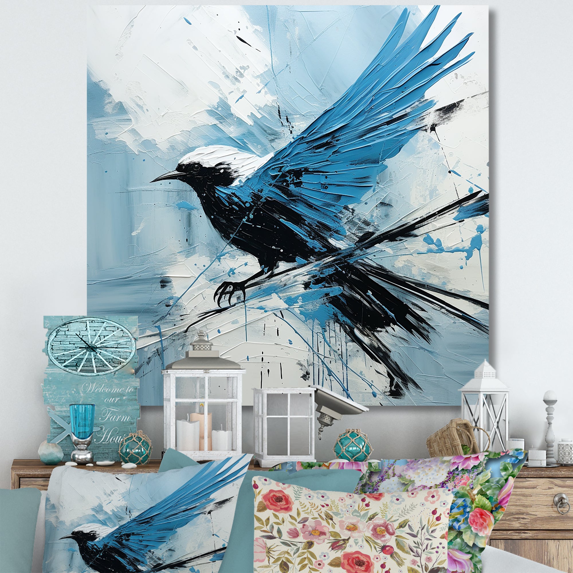 Blue Bird In Mix Of Colors - Bird Bedroom Wall Art