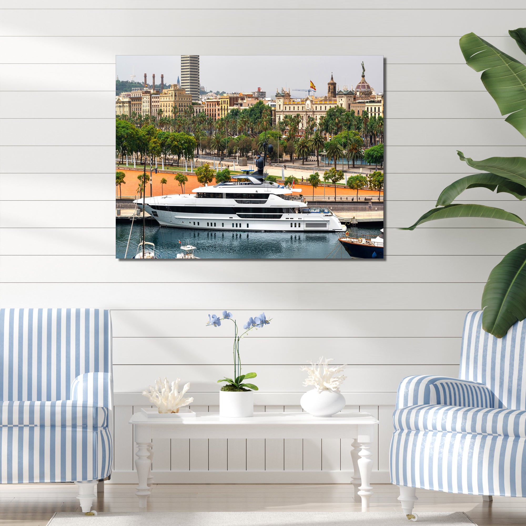 Docked Yacht In Mediterranean Sea Port - Boat Canvas Wall Art