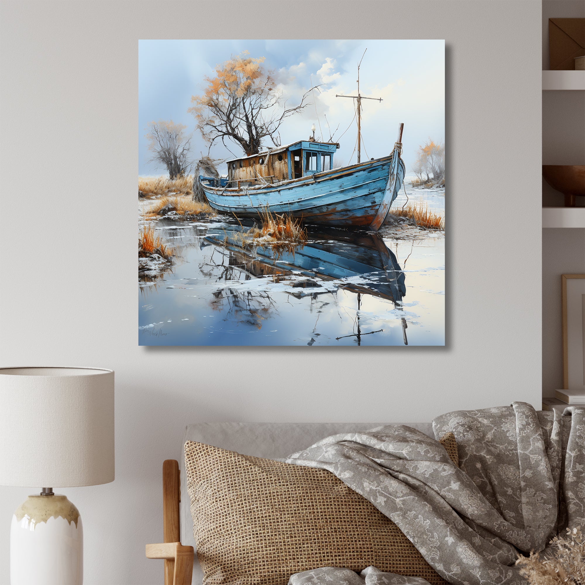 Boat Fishing Charm In Winter - Boat Fishing Canvas Wall Art