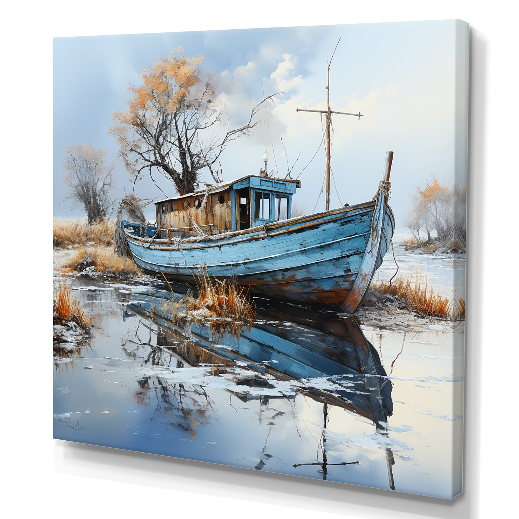 Boat Fishing Charm In Winter - Boat Fishing Canvas Wall Art