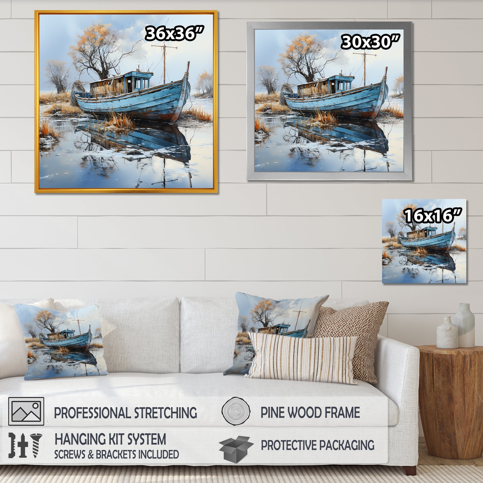 Boat Fishing Charm In Winter - Boat Fishing Canvas Wall Art