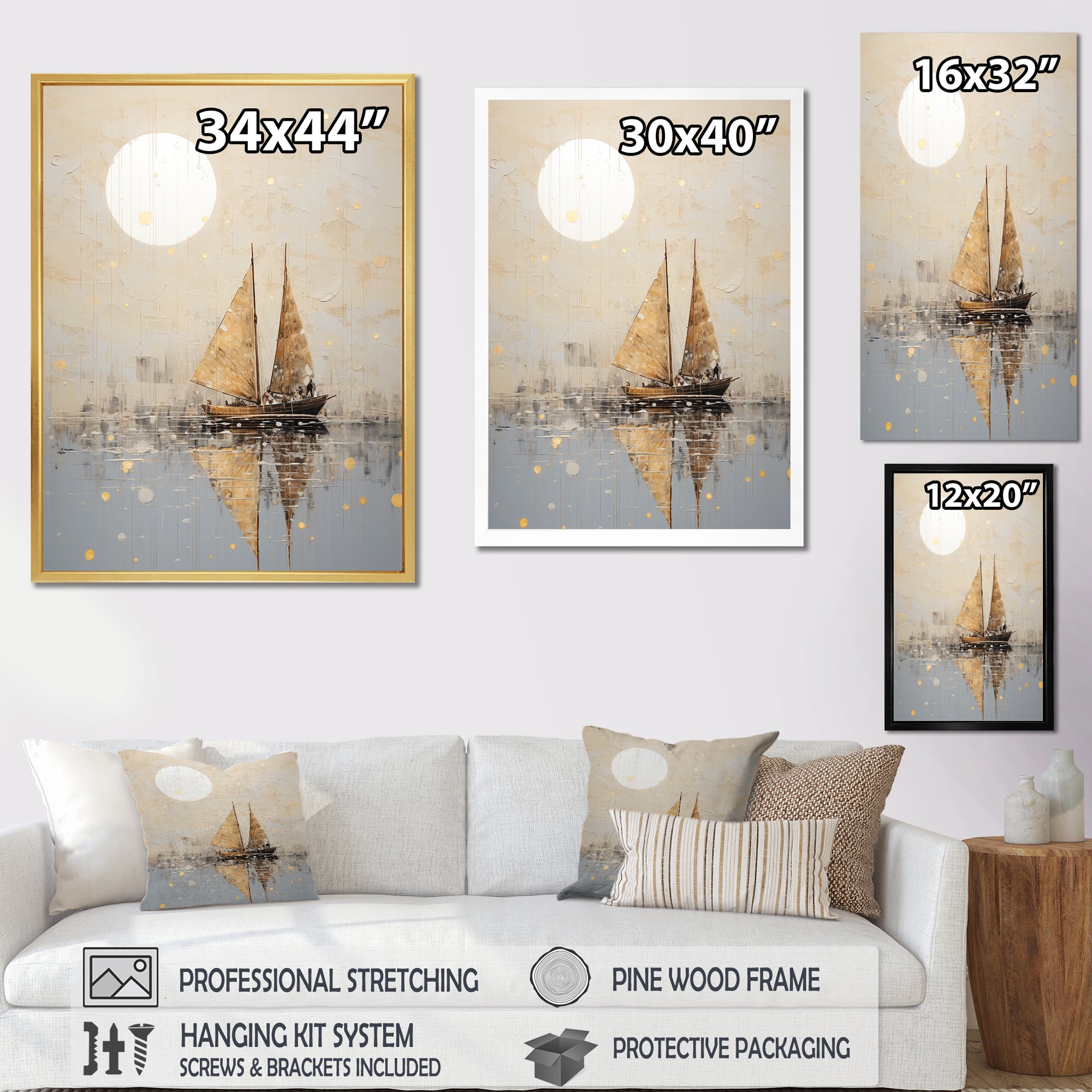 Minimalism Gold And Grey Boat Fishing - Boat Fishing Canvas Wall Art