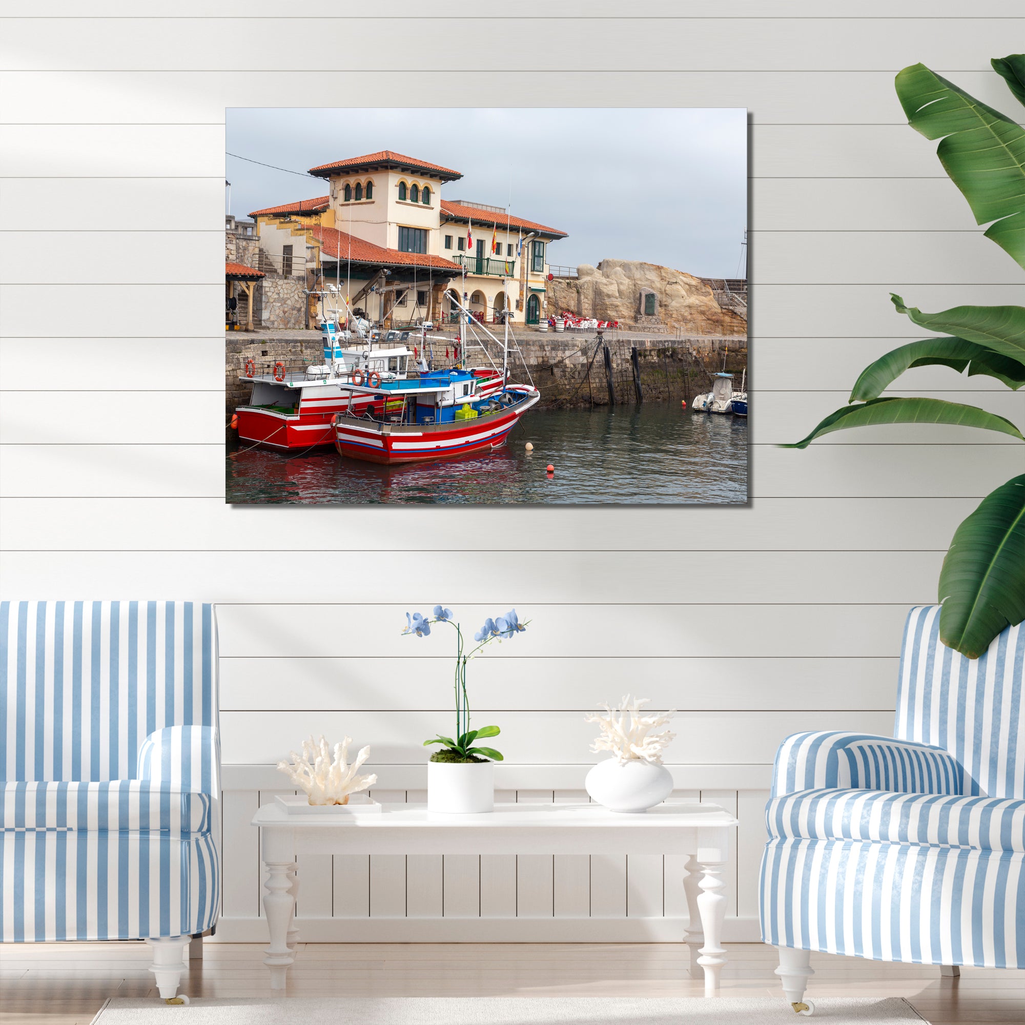Fishing Boats At Spanish Port Comilla's Cantabria - Boat Fishing Canvas Wall Art