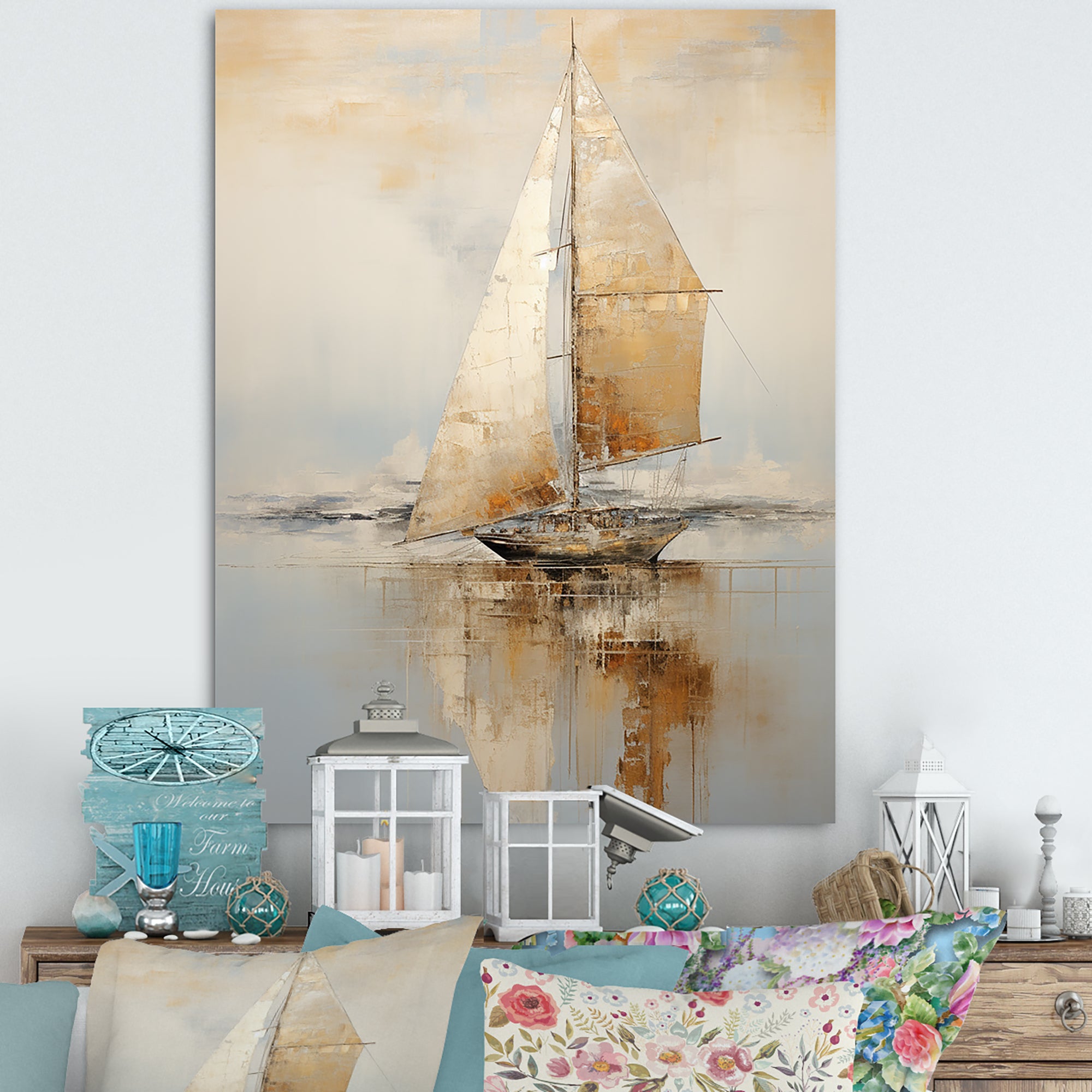 Gold Sailing Charm In The Morning Mist - Boat Sailing Canvas Wall Art