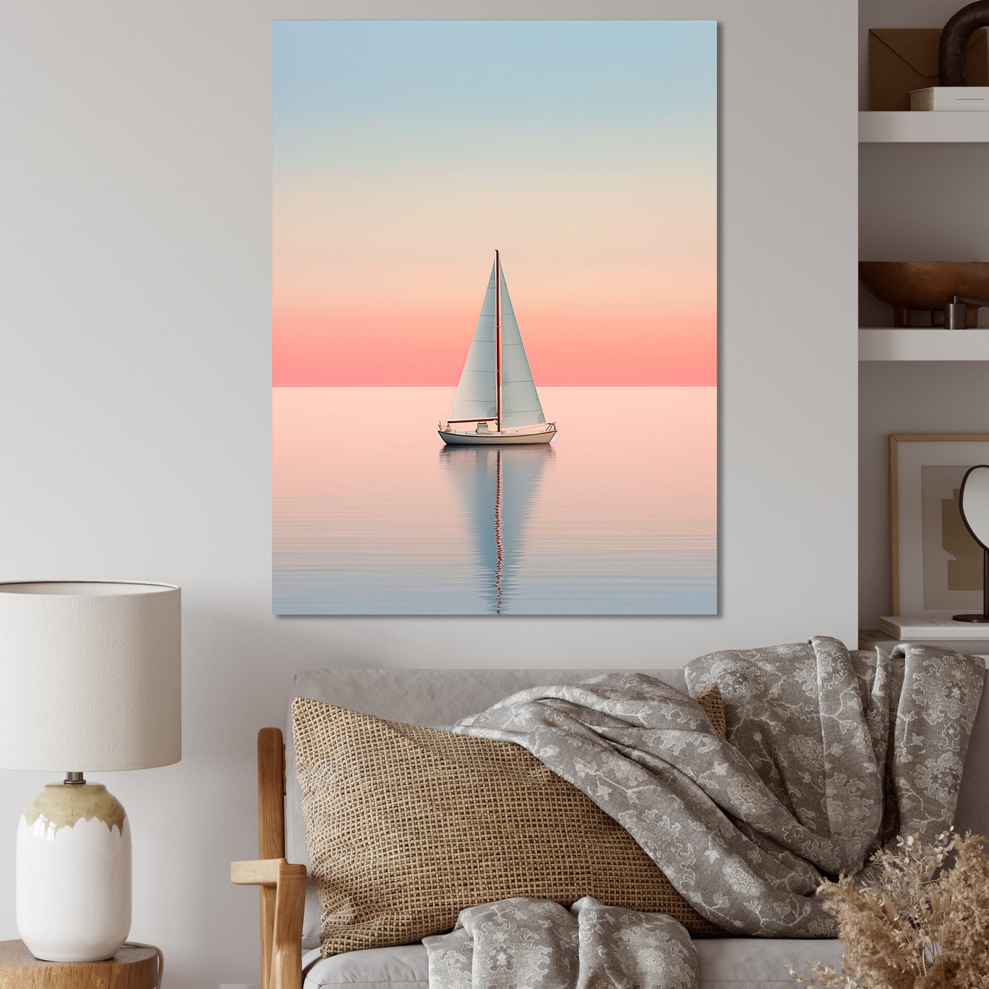 Blue And Pink Sailing Boat Calm Horizon - Boat Sailing Canvas Wall Art