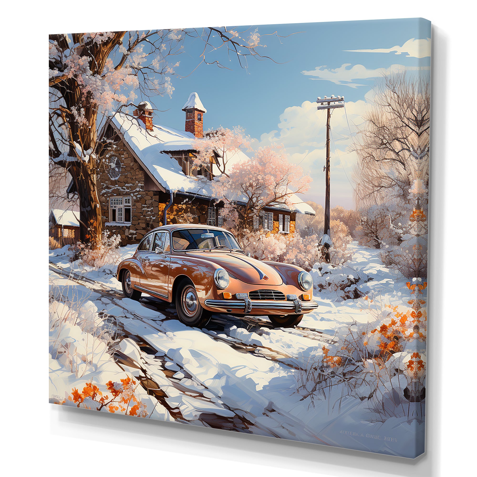 Vintage Car Charm In Winter - Car Exotic Canvas Wall Art