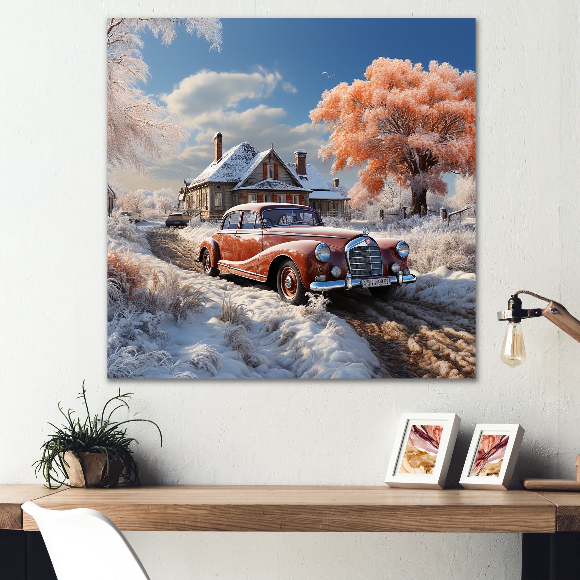 1950s Car Charm In Winter - Car Exotic Canvas Wall Art