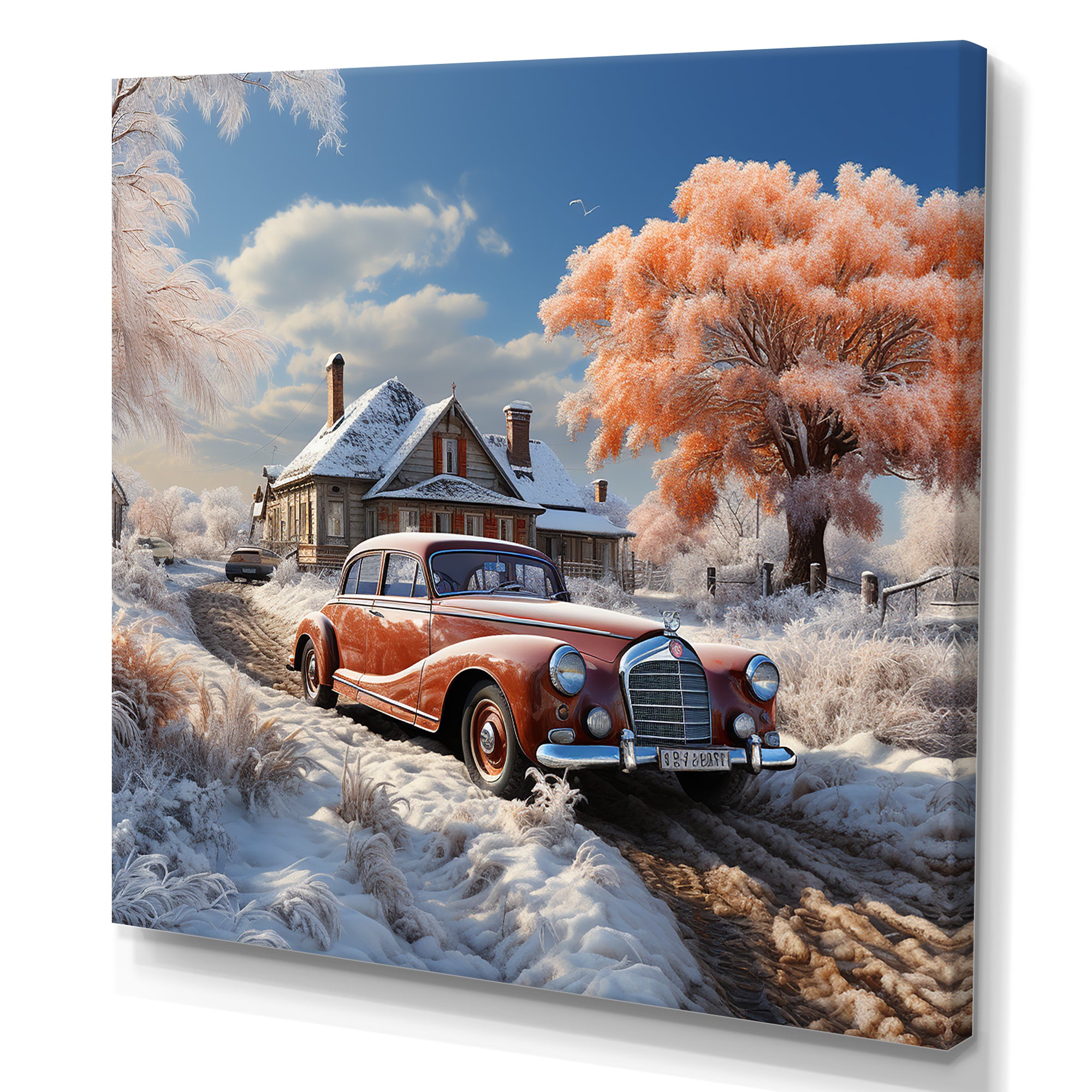 1950s Car Charm In Winter - Car Exotic Canvas Wall Art
