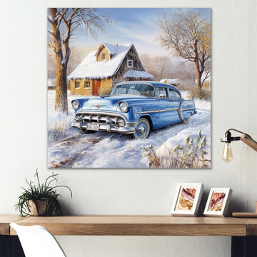 Old American Car Charm In Winter - Car Old American Canvas Wall Art