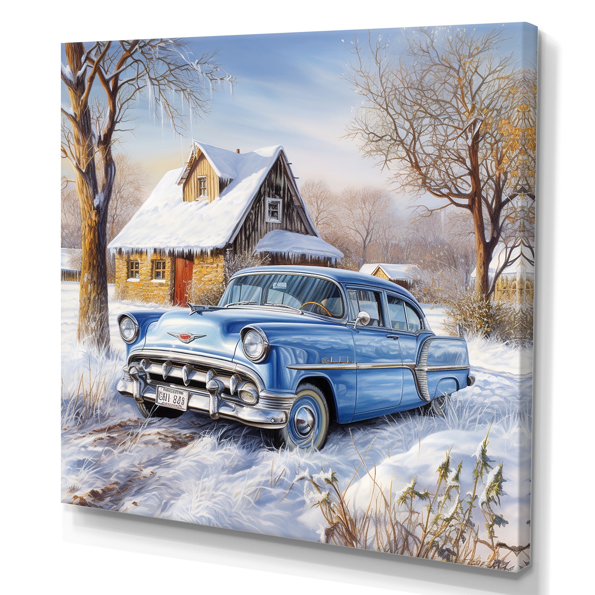 Old American Car Charm In Winter - Car Old American Canvas Wall Art