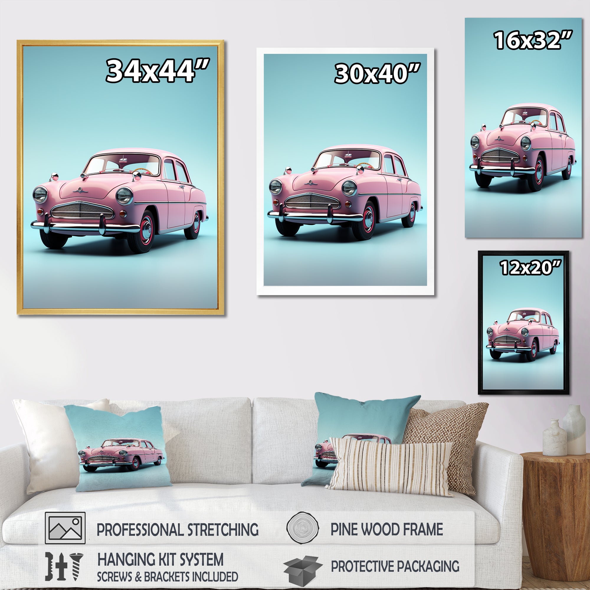 Poupart Pink And Blue 1950s Car - Car Vintage Canvas Wall Art
