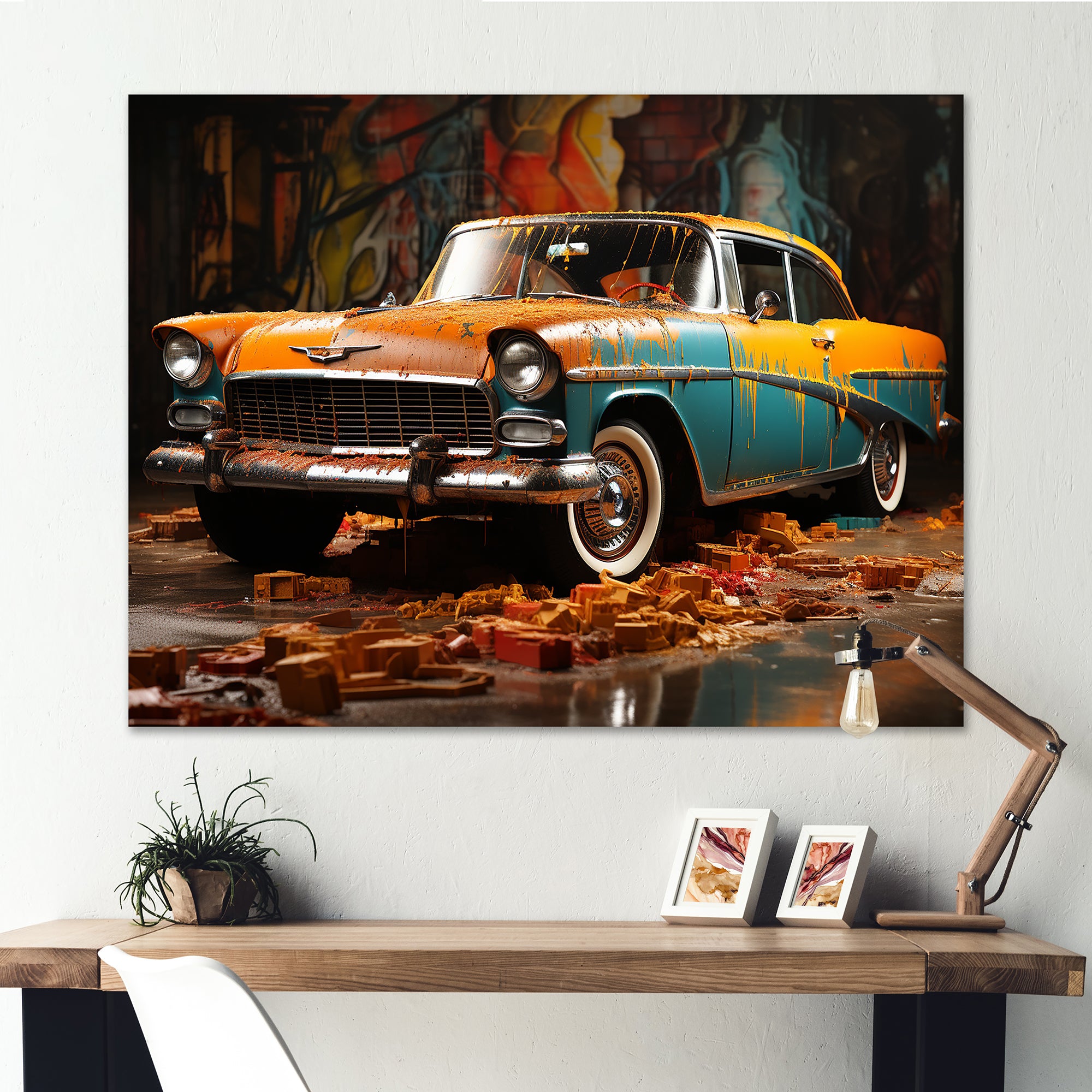 Green And Yellow Old American Car - Car Vintage Canvas Wall Art