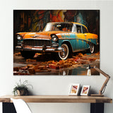 Green And Yellow Old American Car - Car Vintage Canvas Wall Art