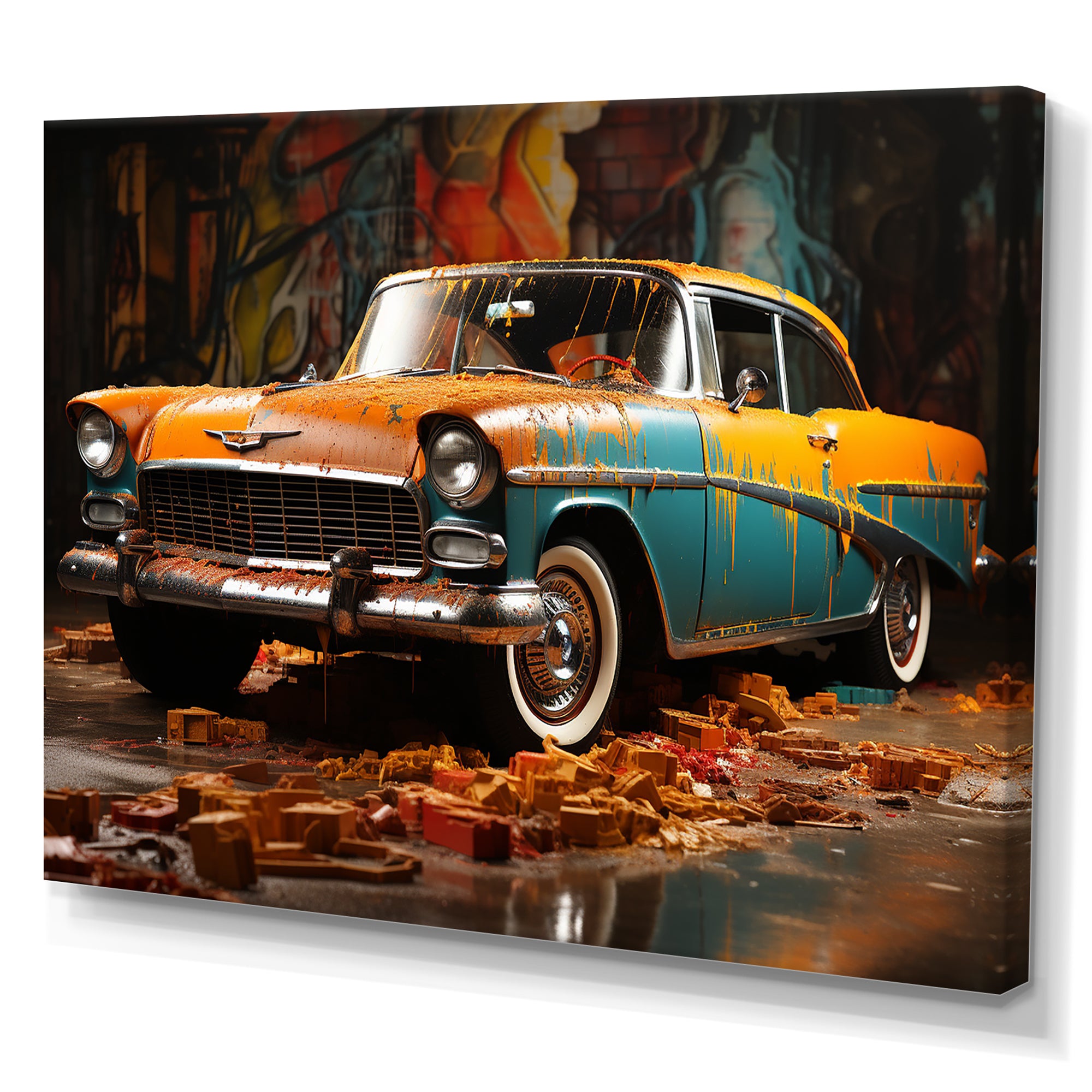 Green And Yellow Old American Car - Car Vintage Canvas Wall Art