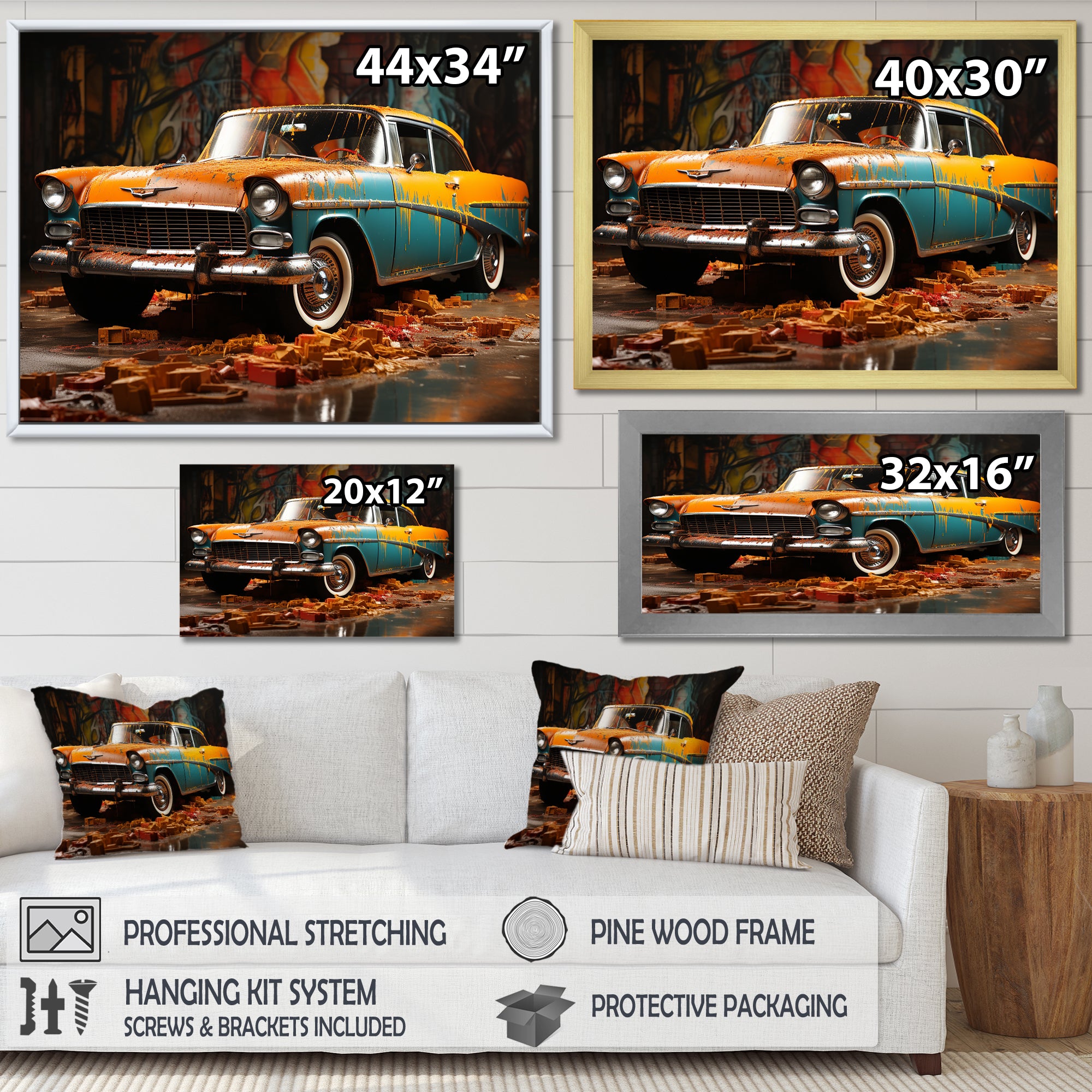 Green And Yellow Old American Car - Car Vintage Canvas Wall Art