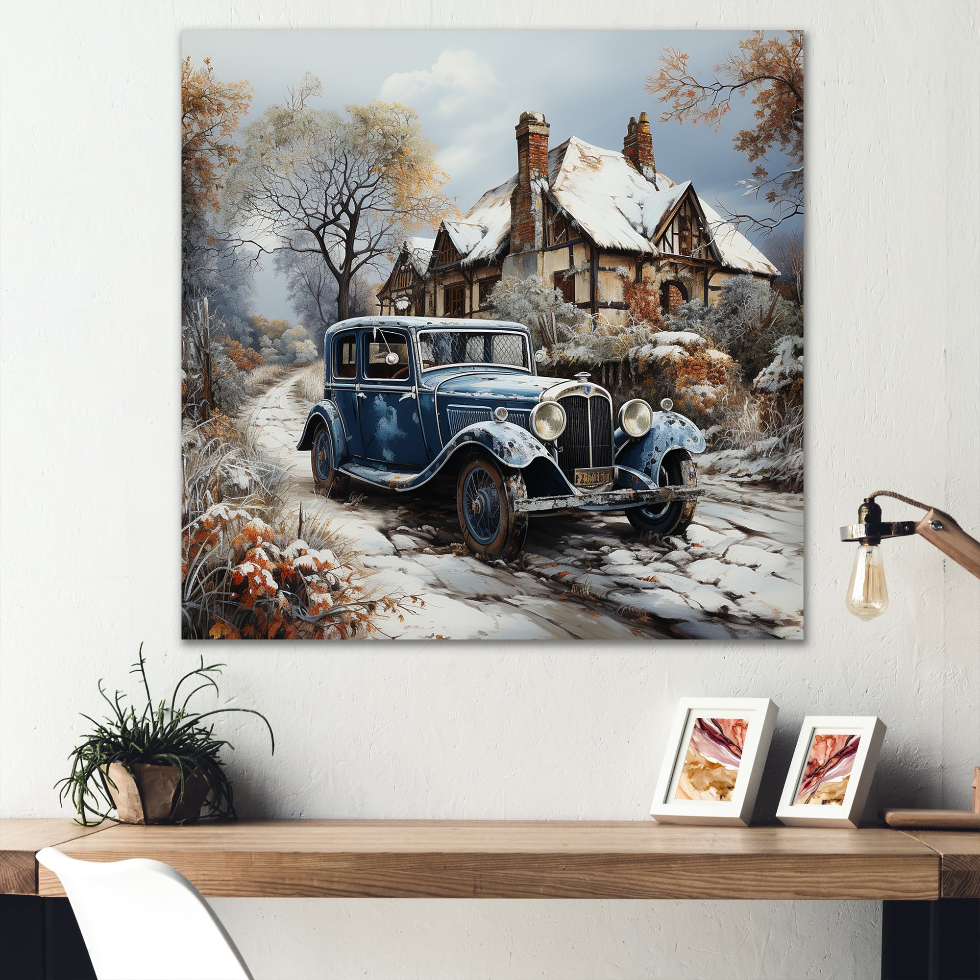 1930s Vintage Car Charm In Winter - Car Vintage Canvas Wall Art
